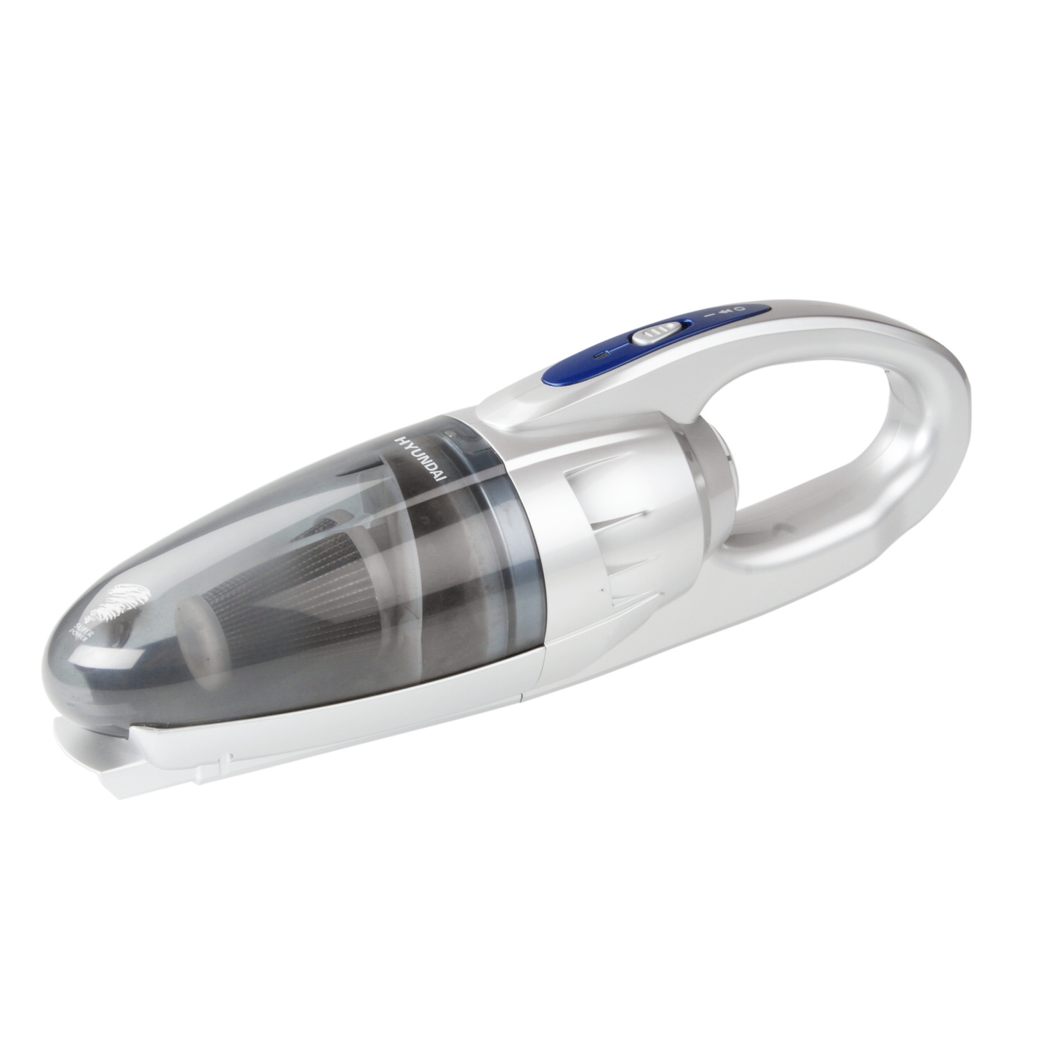 Aspirapolvere portatile argento e grigio. Il design è compatto e ha un vano polvere trasparente.