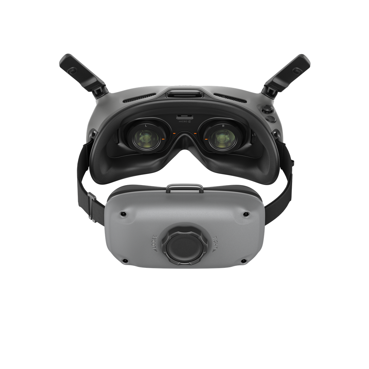 Graues und schwarzes VR-Headset mit zwei Linsen und einem Riemen. Eine graue Frontplatte ist unten.