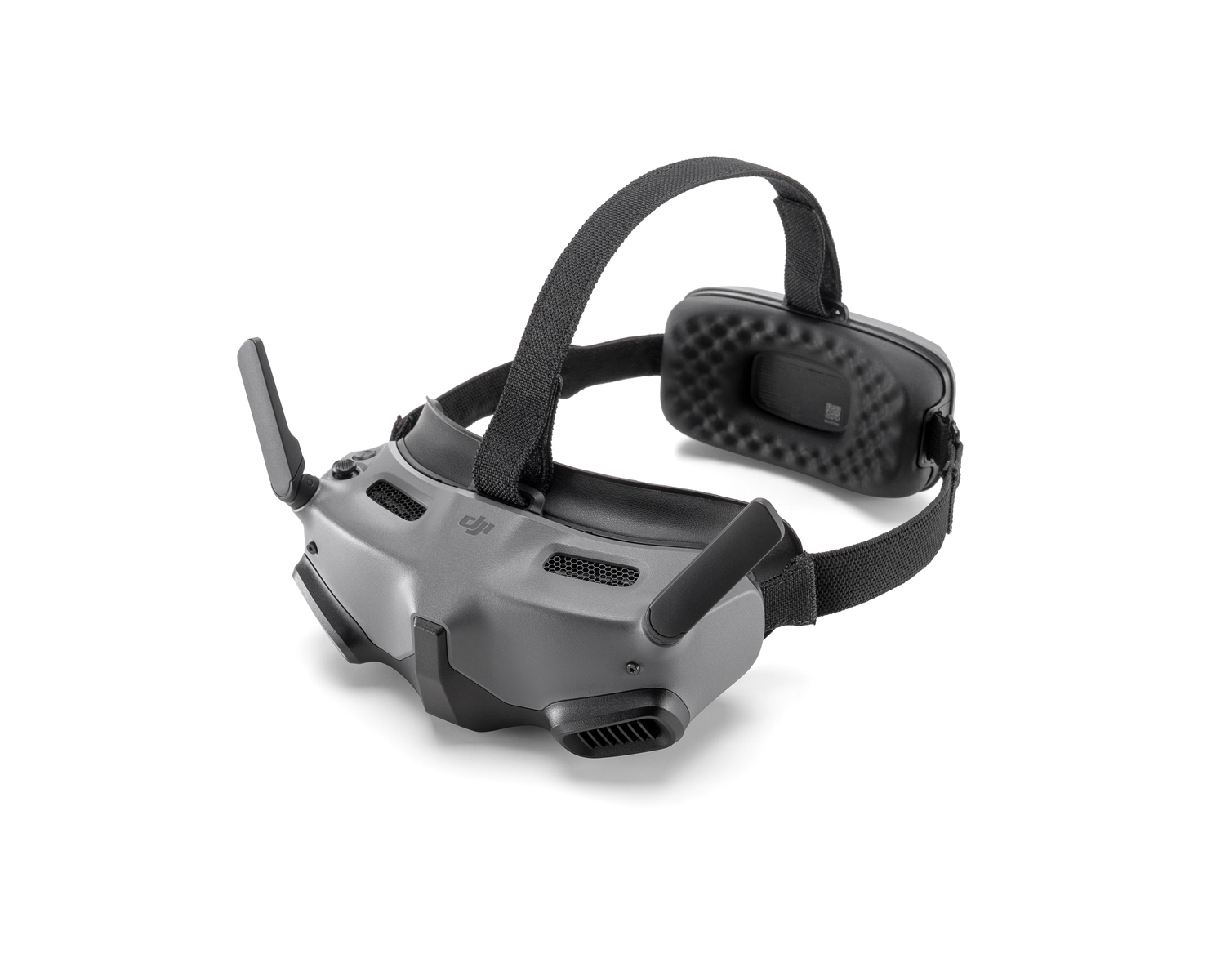 Graues VR-Headset mit zwei Antennen. Es hat einen schwarzen Riemen und ein schwarzes Kissen.