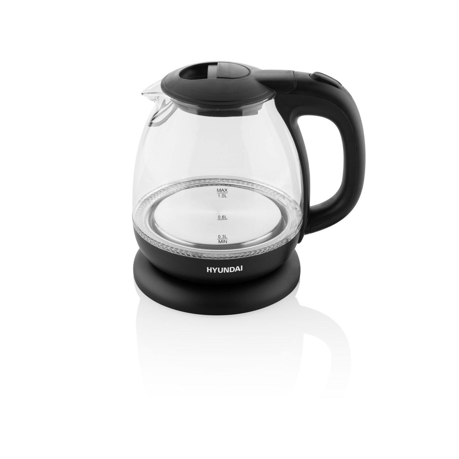 Schwarzer und klarer Hyundai-Wasserkocher aus Glas, auf schwarzem Sockel. Hat einen Griff und einen schwarzen Deckel.
