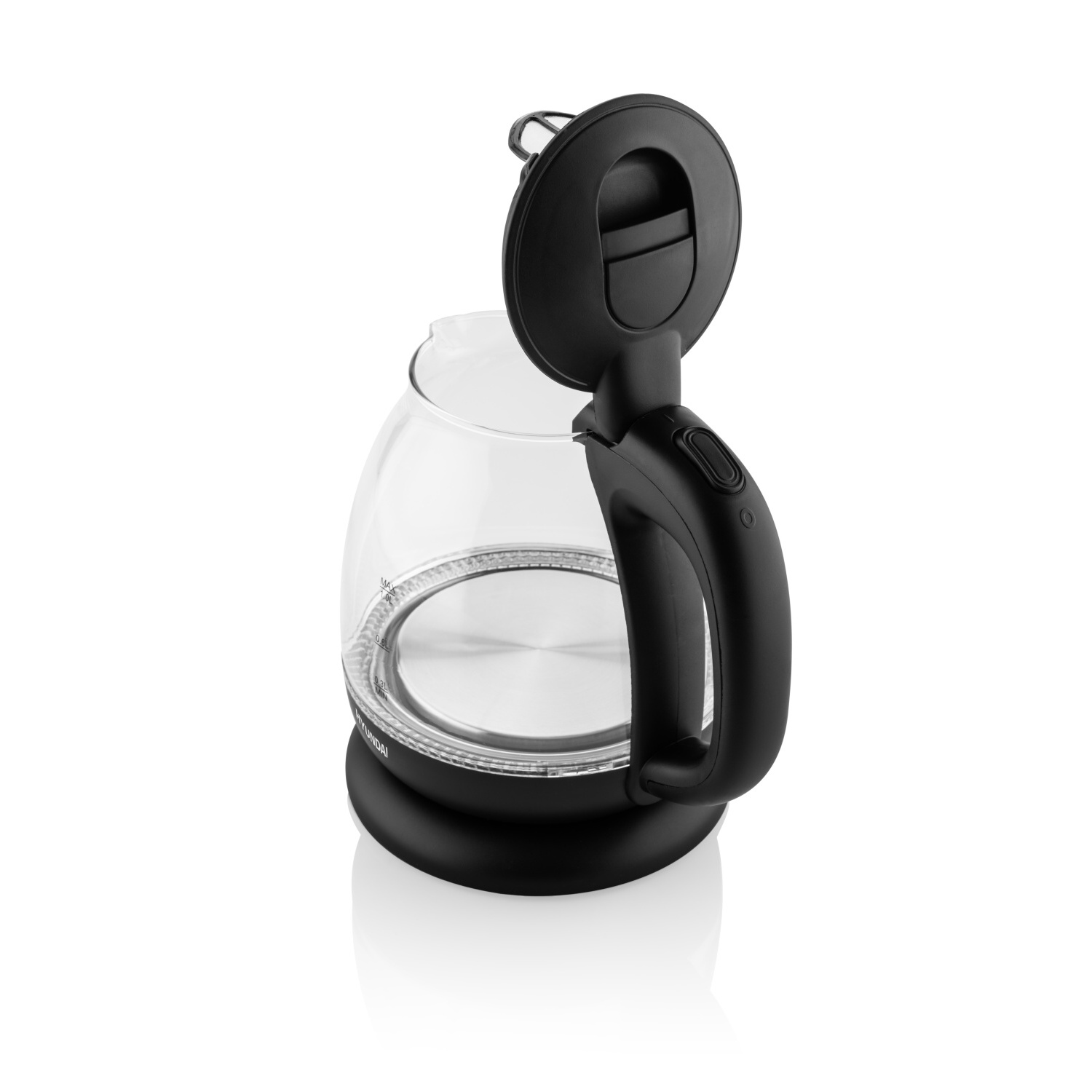 Ein klarer elektrischer Glas-Wasserkocher mit schwarzem Griff, Deckel und Boden, offener Deckel.