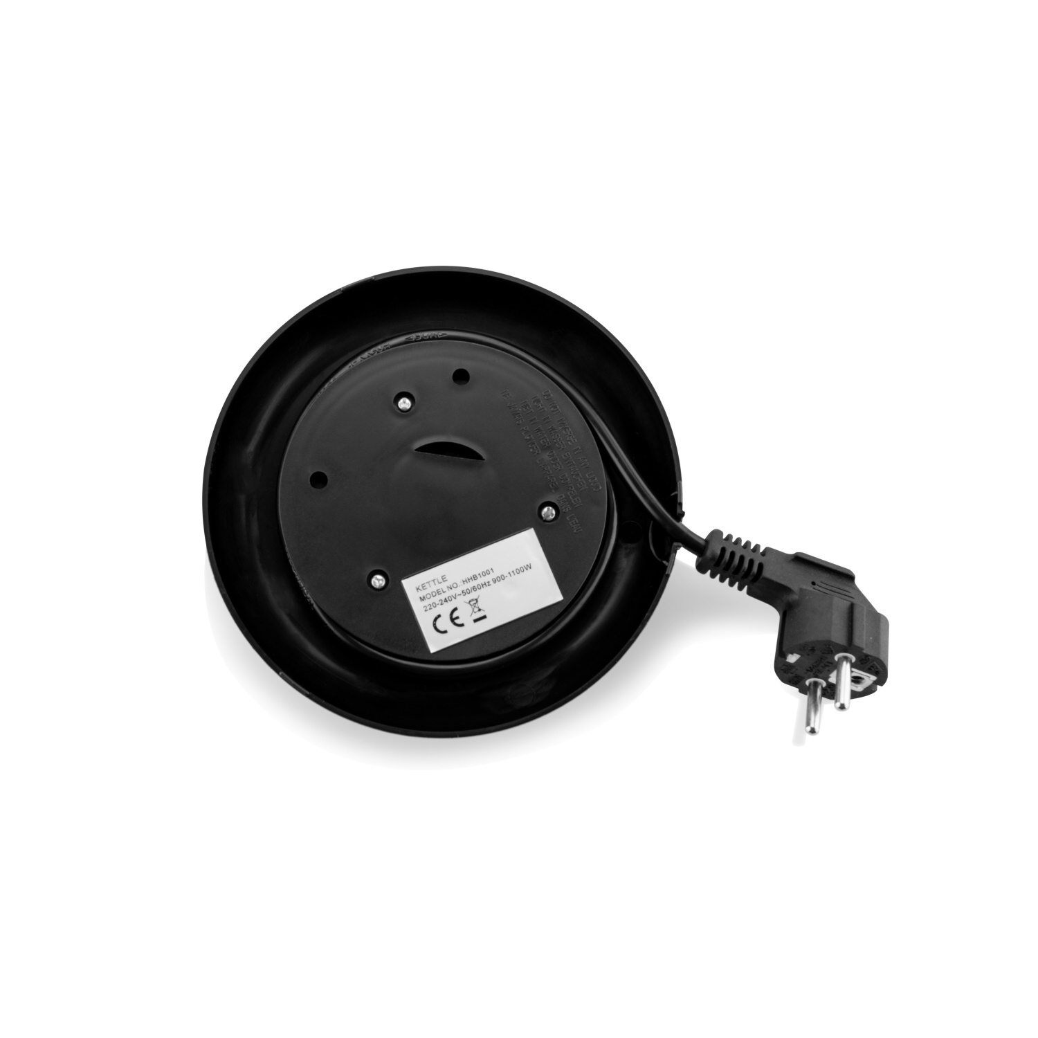 Unterseite eines schwarzen Wasserkochers, mit Sockel, Stecker und Modellnummernetikett.