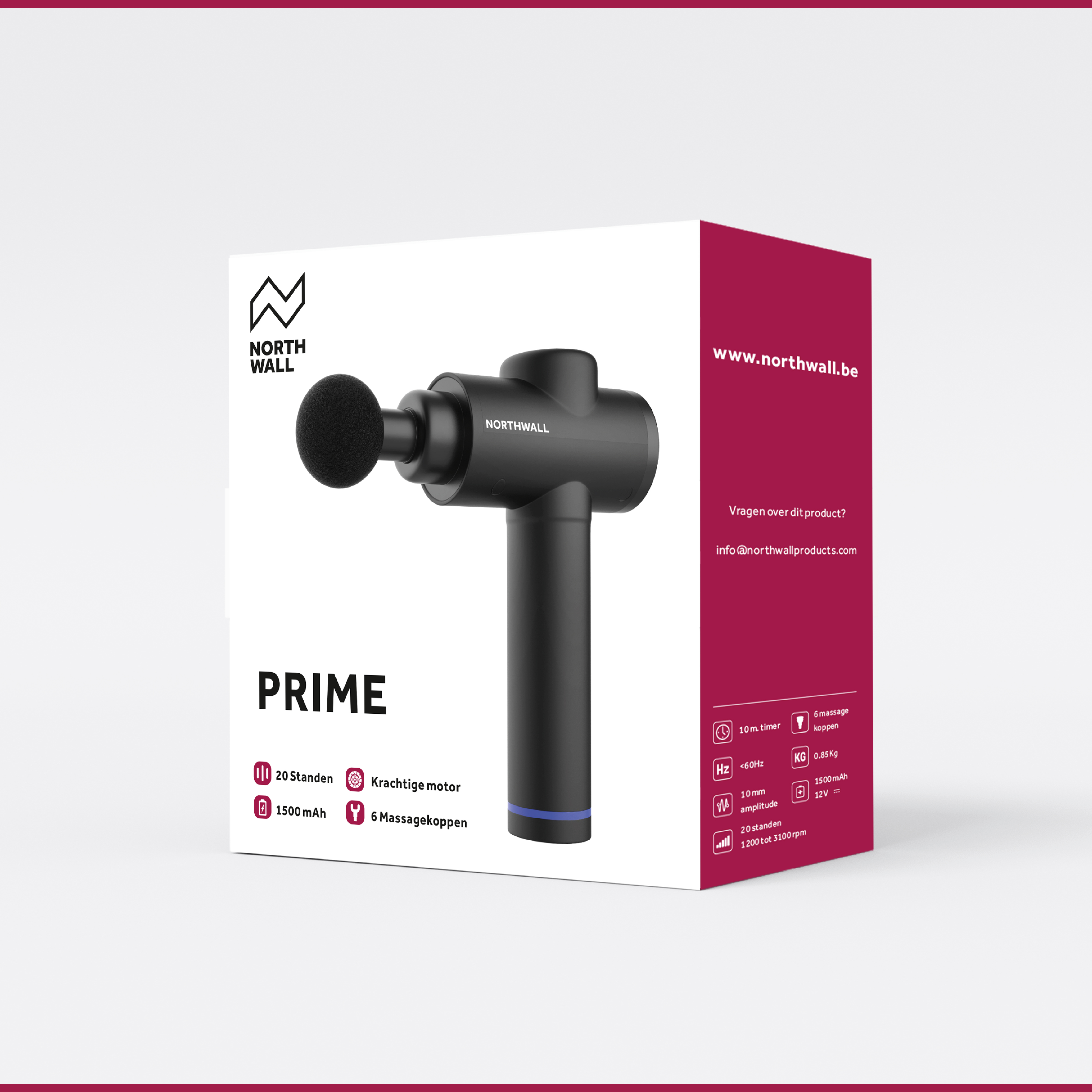 Box mit der Aufschrift PRIME, eine schwarze Massagepistole. Text enthält Markennamen und Produktdetails.
