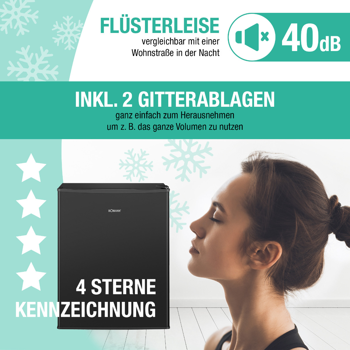 Das Gesicht einer Frau neben einem schwarzen Kühlschrank. Der Text sagt 4 Sterne.