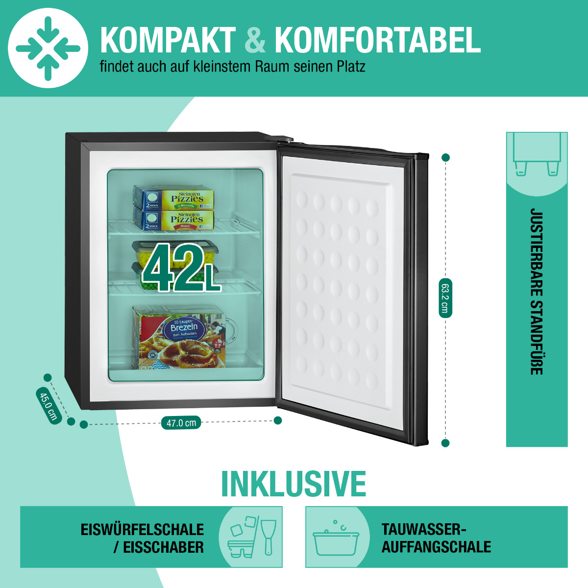 Ein kleiner schwarzer Kühlschrank mit offener Tür, Regalen mit Lebensmitteln und Abmessungen.