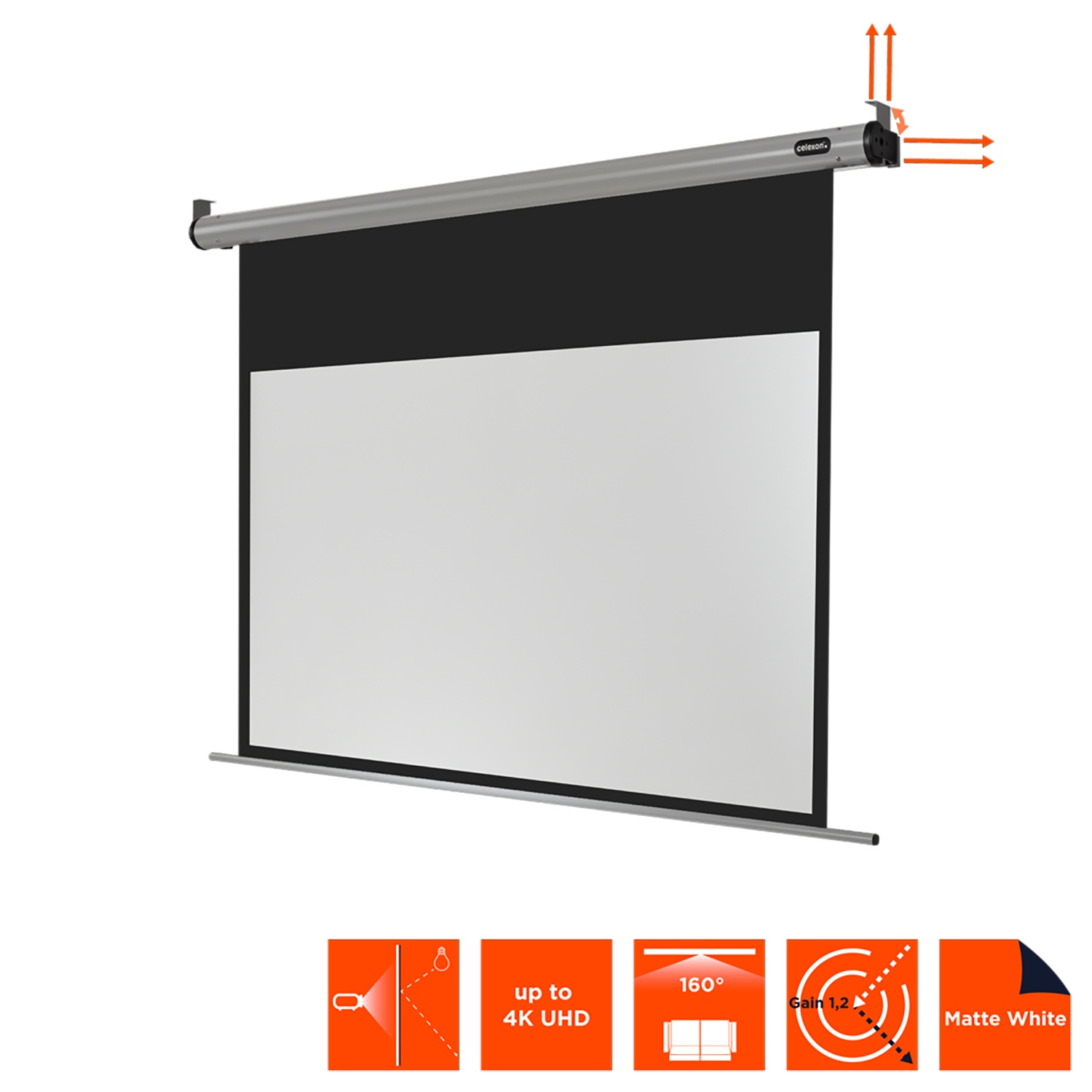 Eine weiße Projektorleinwand mit schwarzem Oberteil, verschiedenen Symbolen unten und Pfeilen oben.