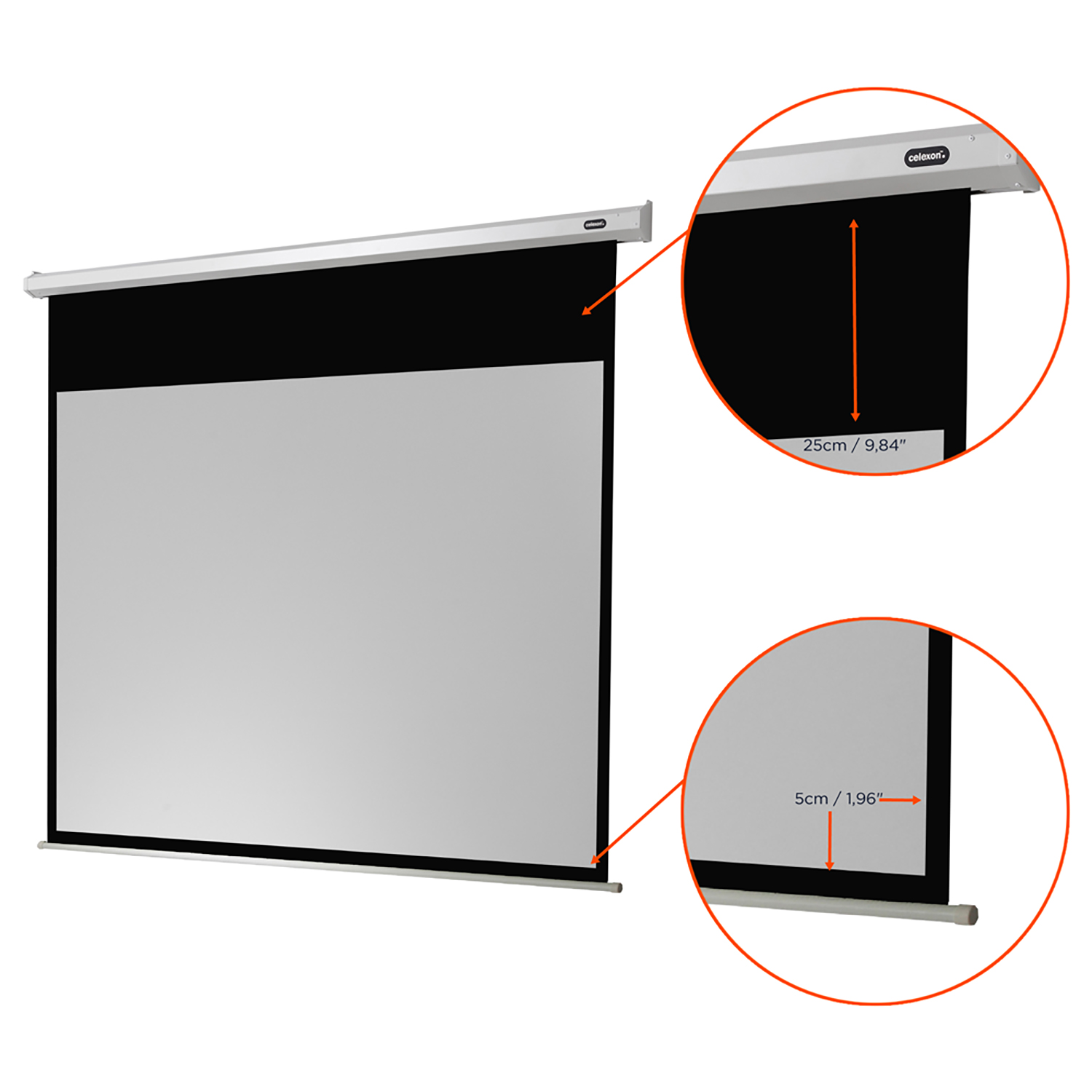 Projektorleinwand, die den ausgezogenen Bildschirm zeigt, mit Maßen in Zentimetern und Zoll.