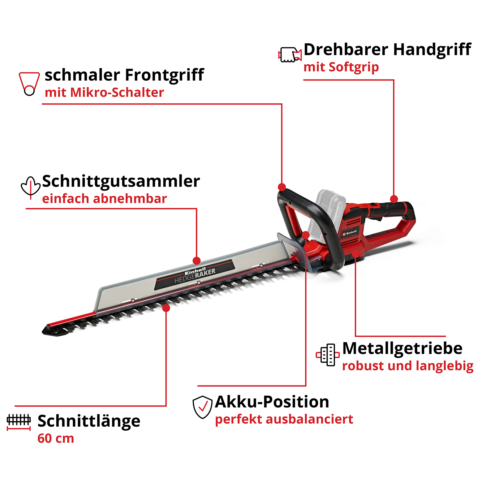 EINHELL GE-CH 18/60 Li-Solo Akku-Heckenschere Rot