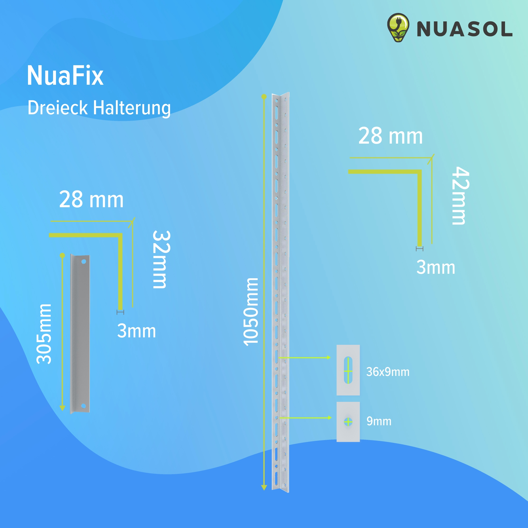 Diagramm mit Maßen. Enthält eine Metallhalterung mit den Maßen: 1050mm, 305mm, 32mm, 28mm, 3mm, 36x9mm.