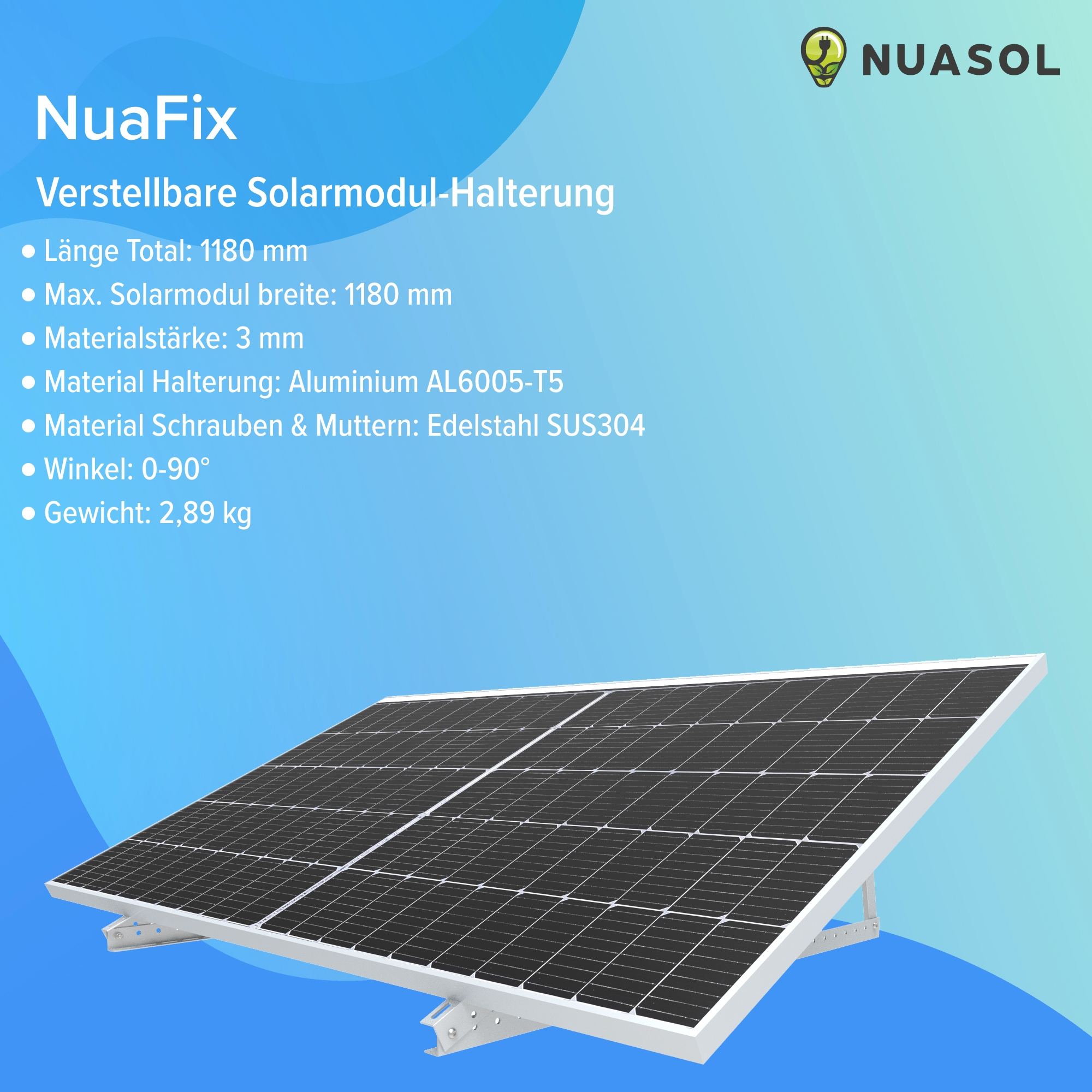 Ein Solarmodul auf einem Ständer mit Spezifikationen: Länge, Breite, Material, Winkel und Gewicht.