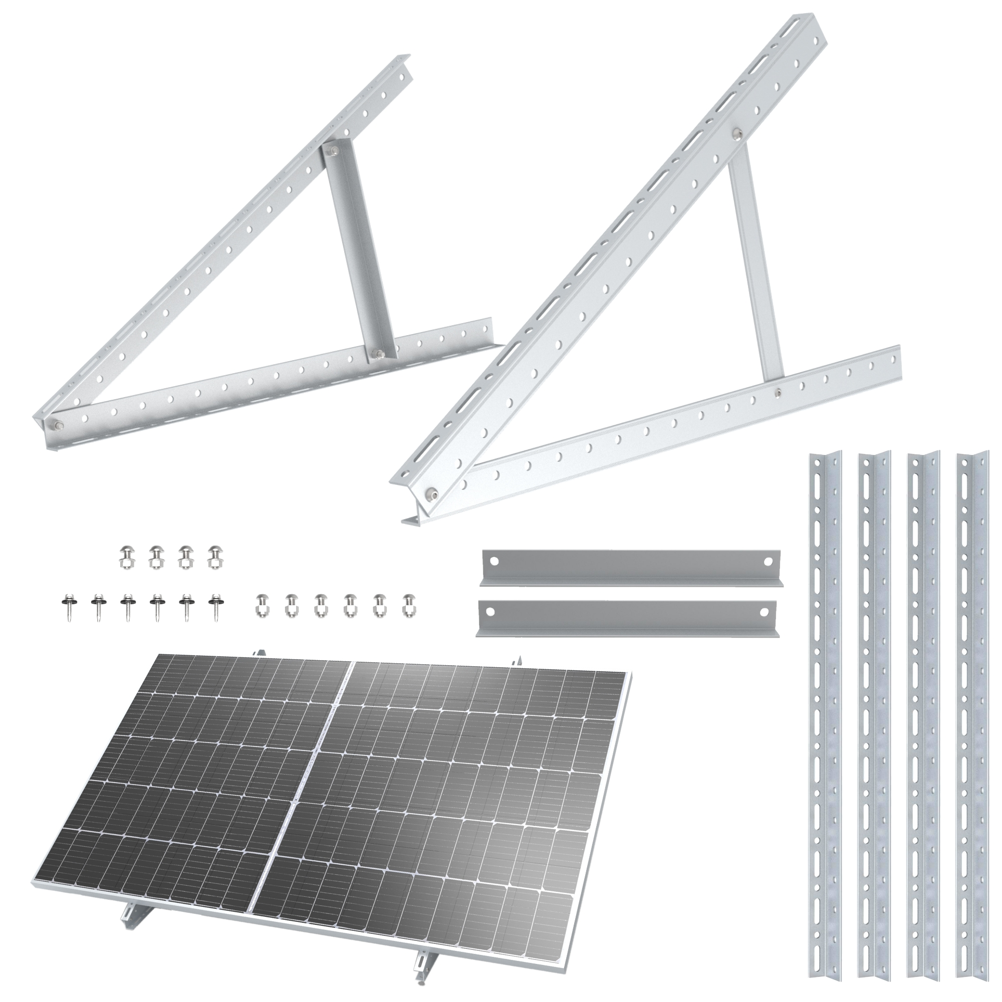 Solarpanel-Komponenten, einschließlich Halterungen, Schrauben und Solarpanel auf weißem Hintergrund.
