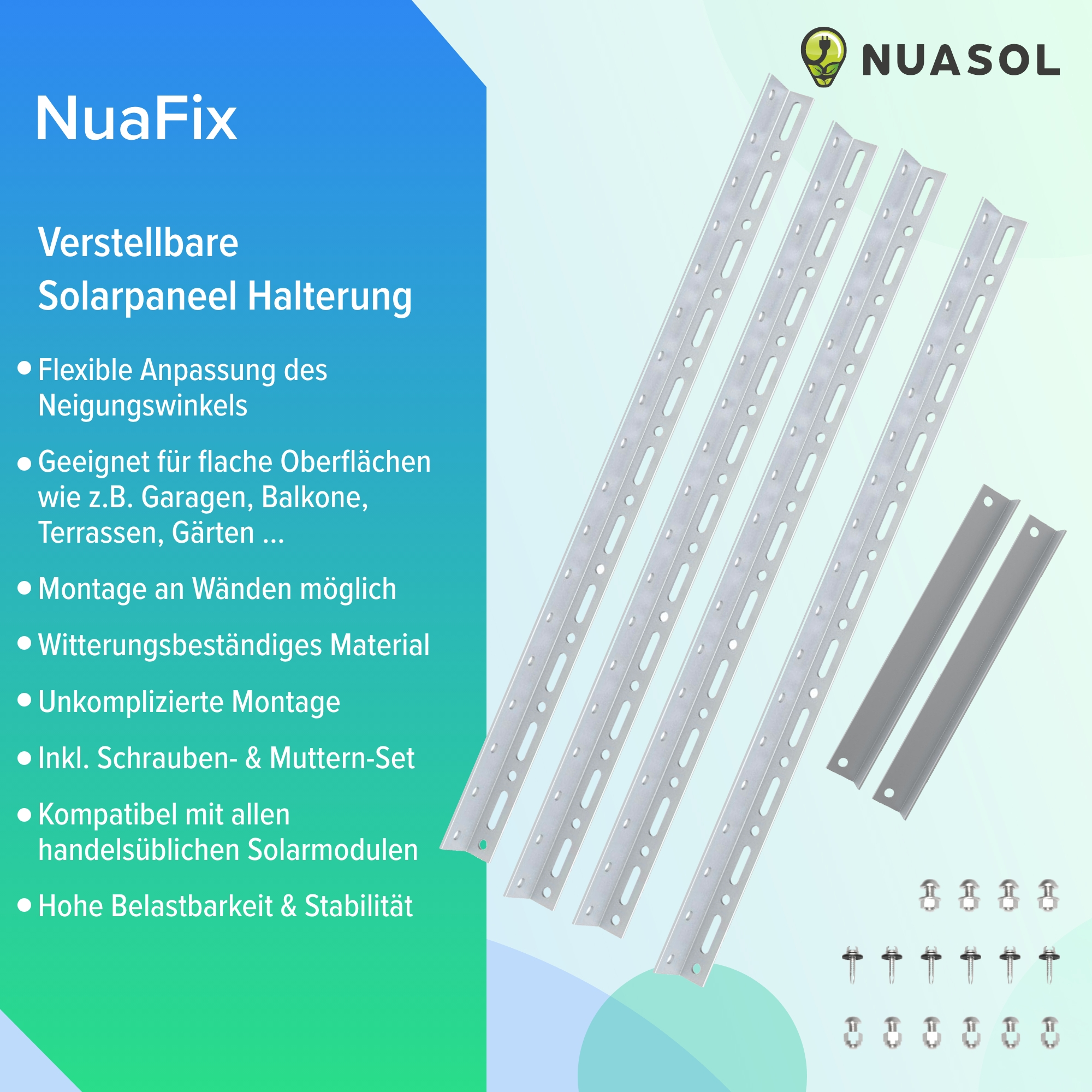 Halterungen und Schrauben, mit Text über verstellbare Solarpanelhalter.