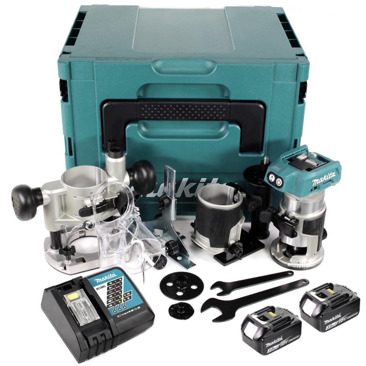 Makita Elektrowerkzeug-Set mit teal-farbenem Aufbewahrungskoffer. Enthält Fräsen, Akkus, Schraubenschlüssel und Zubehör.