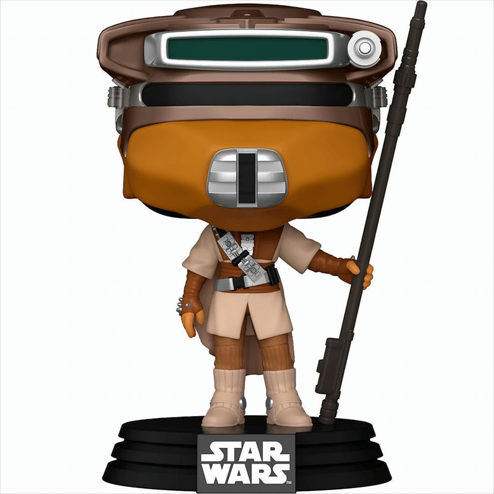 Figura Funko Pop de un personaje de Star Wars, cabeza naranja, ropa beige y base negra.
