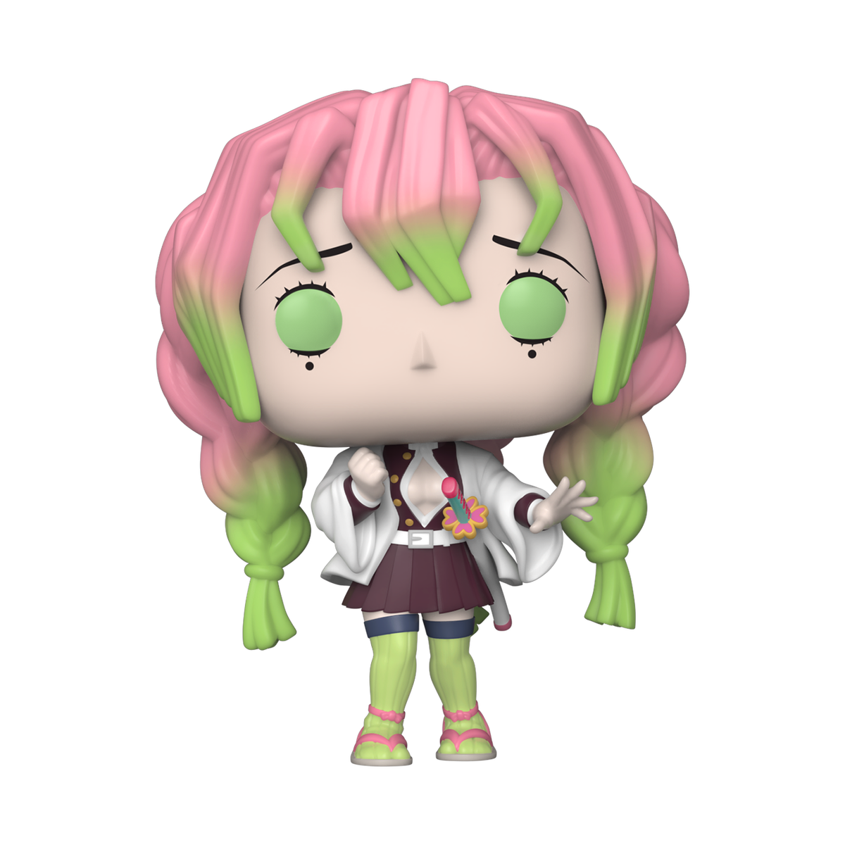 Eine Funko Pop Figur eines weiblichen Anime-Charakters mit rosa und grünem Haar. Sie steht.