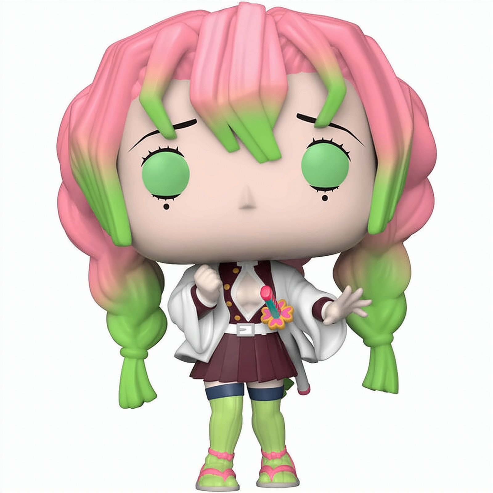 Funko Pop-Figur von Mitsuri Kanroji aus Demon Slayer. Mit rosa Haaren, grünen Augen und einem lächelnden Gesicht.