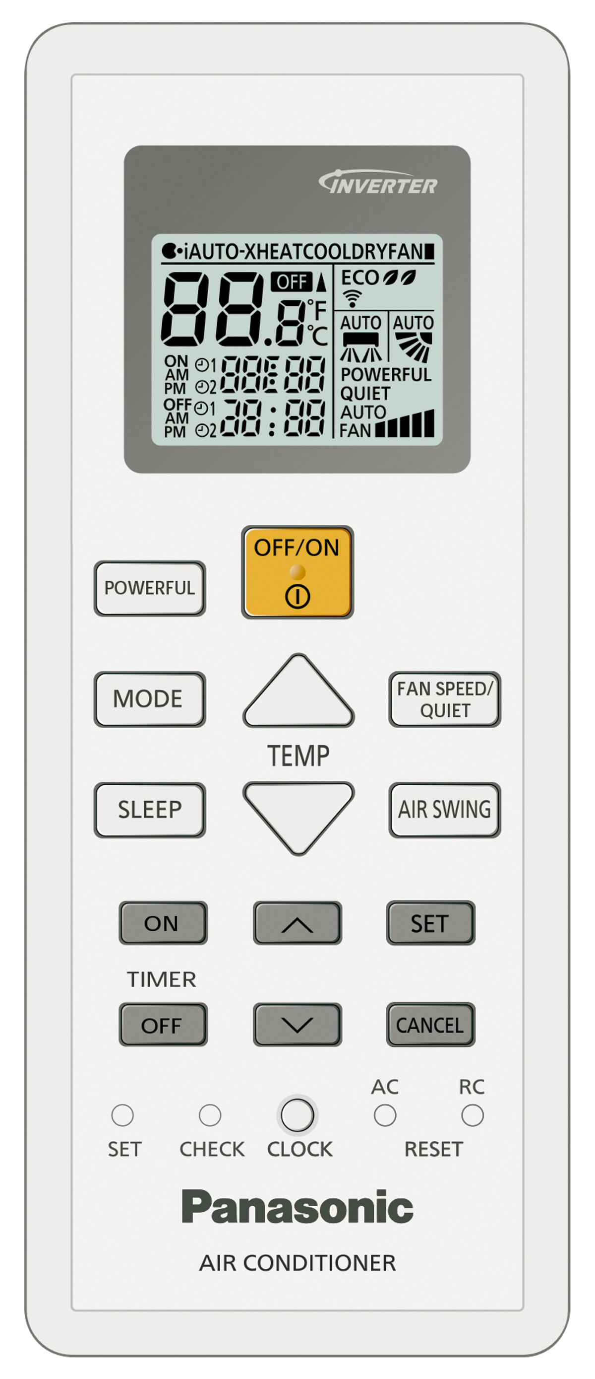 Un mando a distancia blanco de aire acondicionado Panasonic con varios botones y una pantalla.