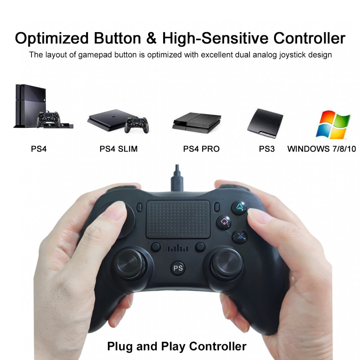 INF PS4-Controller Controller, m 1,8 Kabel, Schwarz