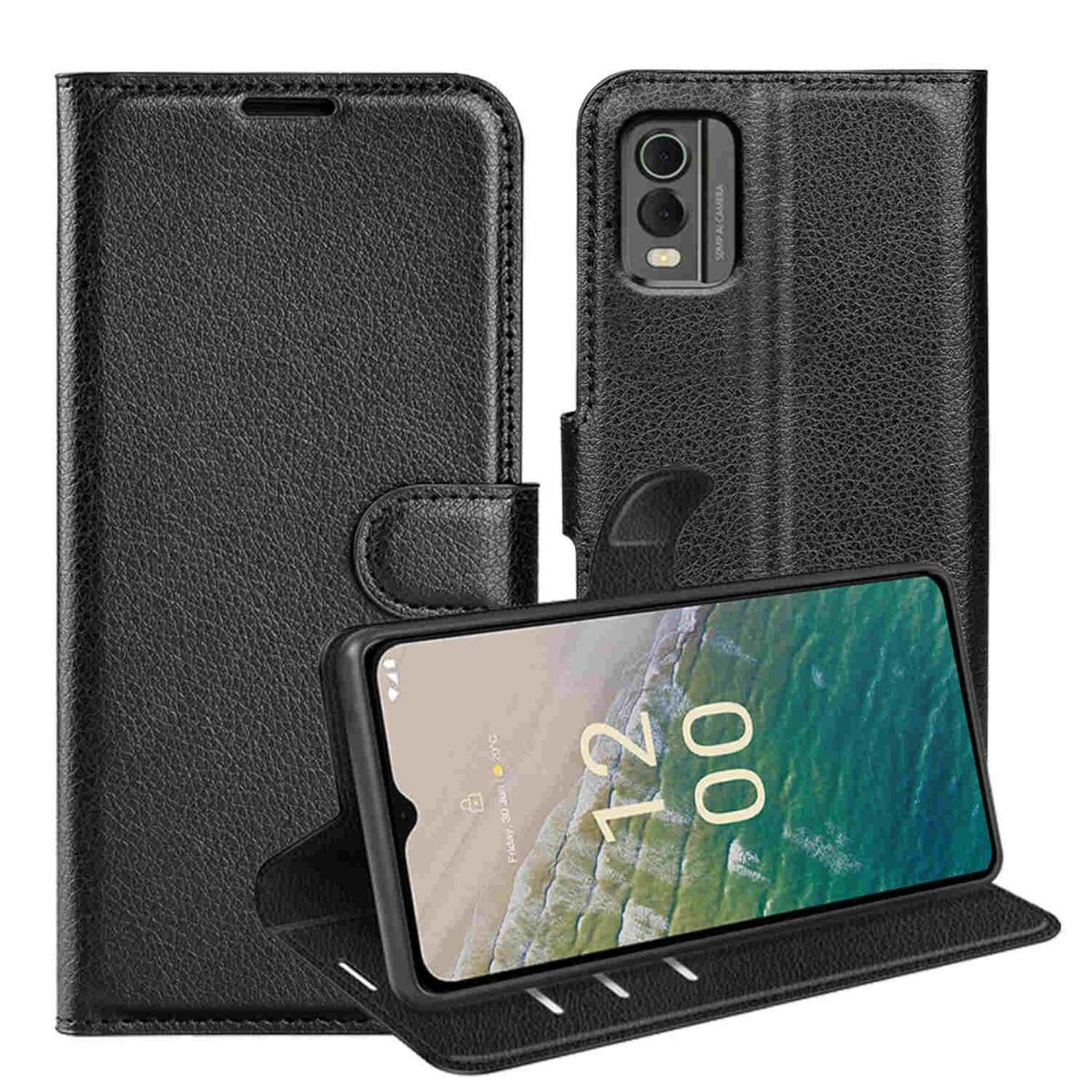 Eine schwarze Handyhülle mit einem Telefon darin, das die Uhrzeit anzeigt. Sie ist seitlich geöffnet.