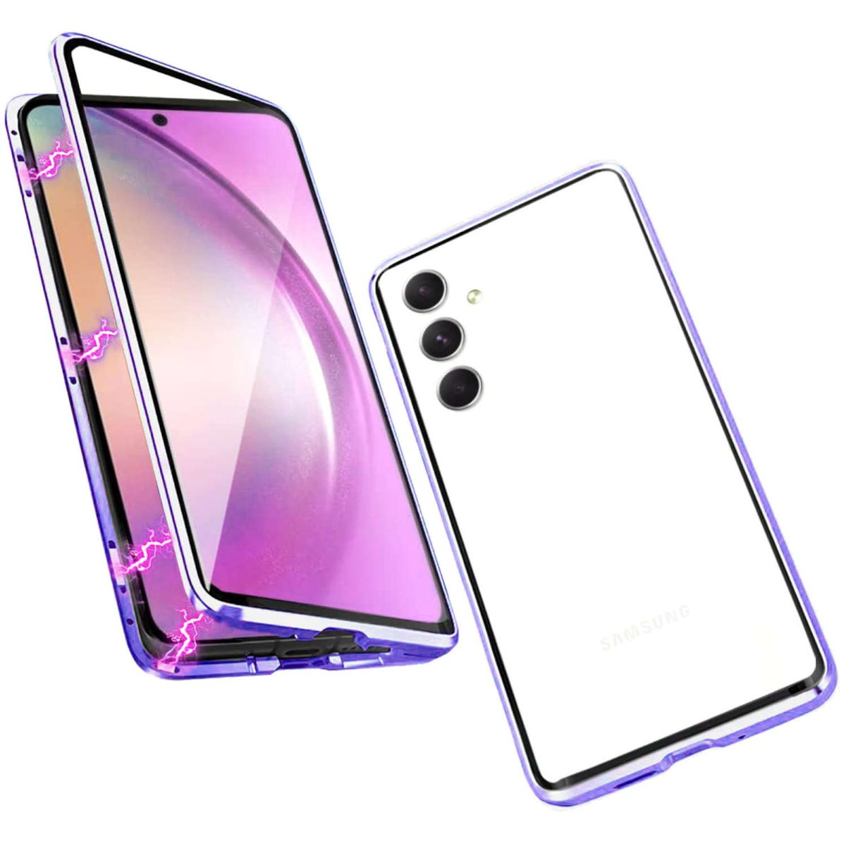 WIGENTO Beidseitiger 360 Grad / Glas Cover, 5G, Samsung, Transparent Magnet Metall Hülle, Galaxy Full A34 Lila Aluminium