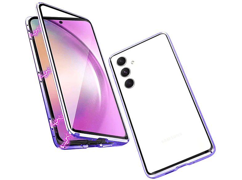 WIGENTO Beidseitiger 360 Grad Magnet Glas Hülle, Full Cover, Samsung, Galaxy A14 5G / 4G, Lila / Transparent