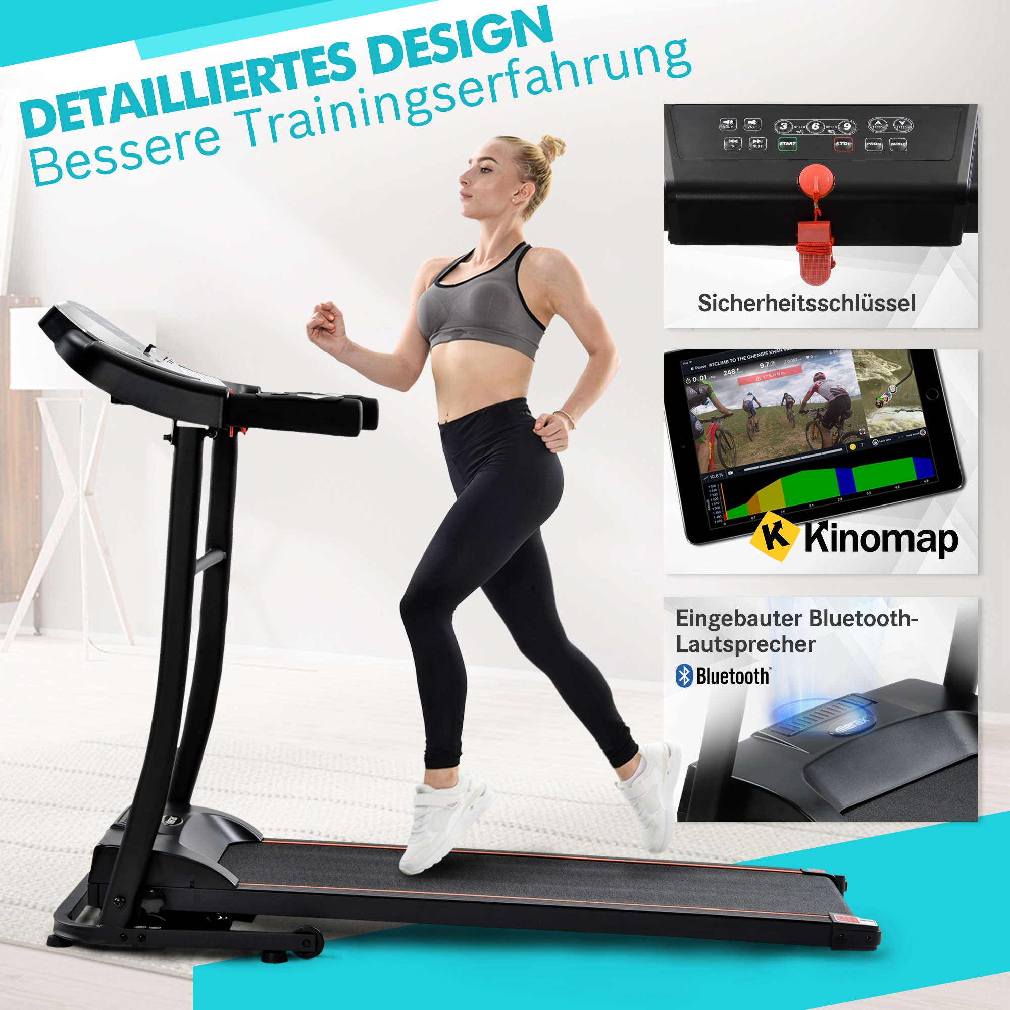 with USB Schwarz App, LINGDA Exercise Display Kinomap for Home, Equipment Running LED Bluetooth Treadmill Laufband, Foldable