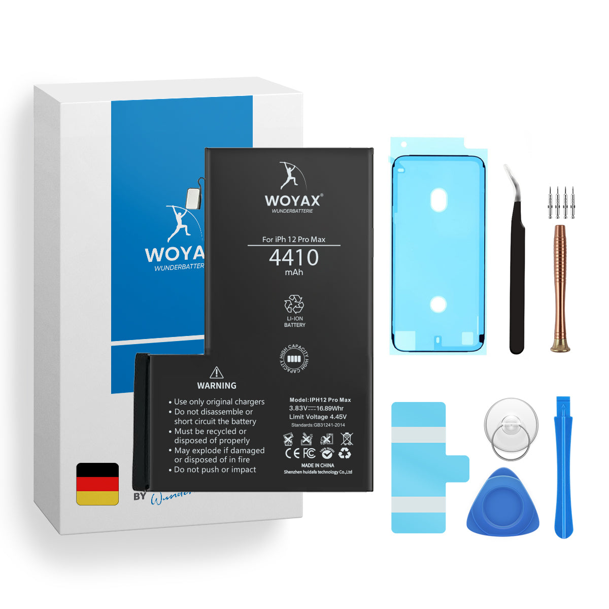 Ein Telefonakku mit Box, Werkzeugen und anderem Zubehör. Die Box hat Text und ein Warnschild.