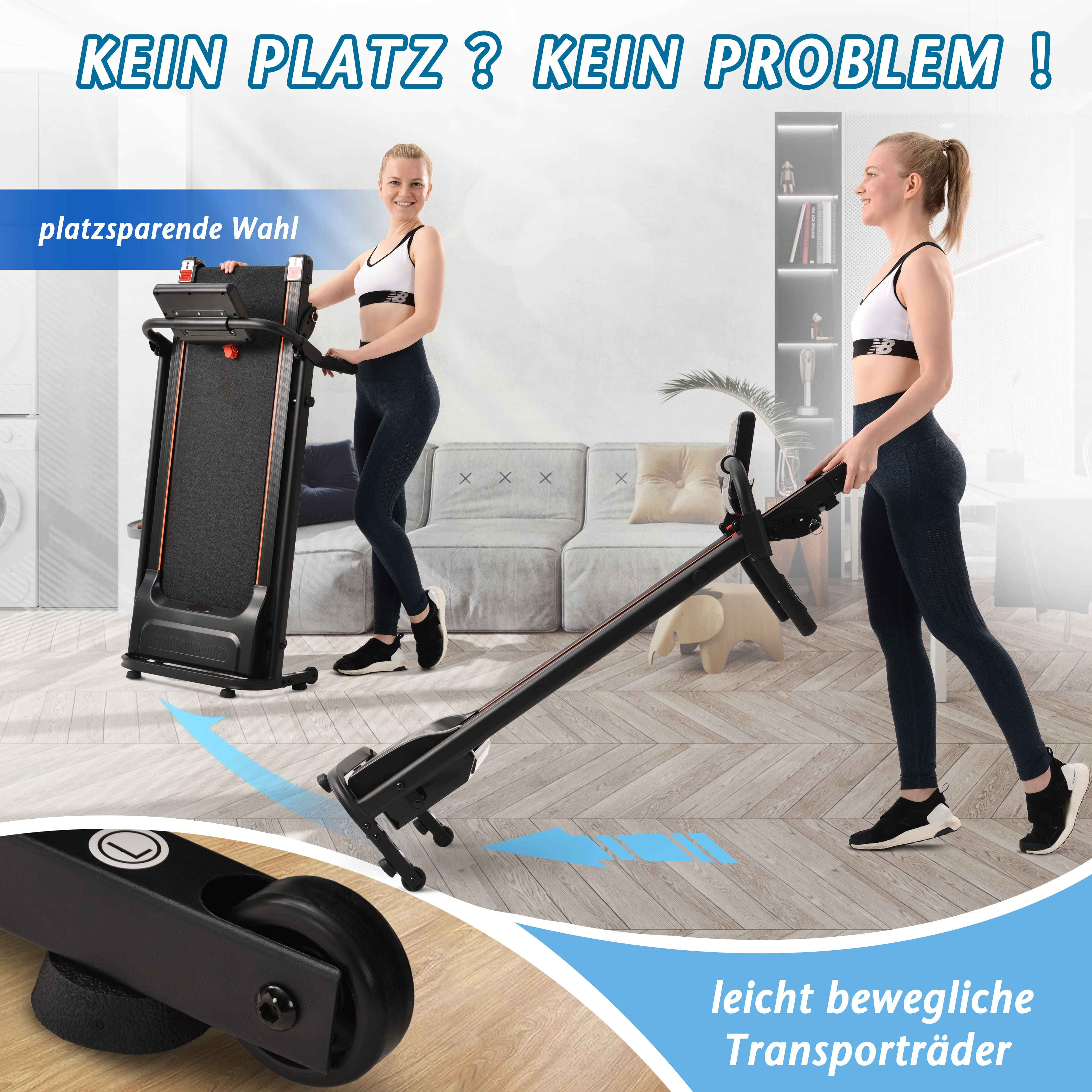 Zwei Frauen benutzen ein zusammenklappbares Laufband, in einer häuslichen Umgebung.