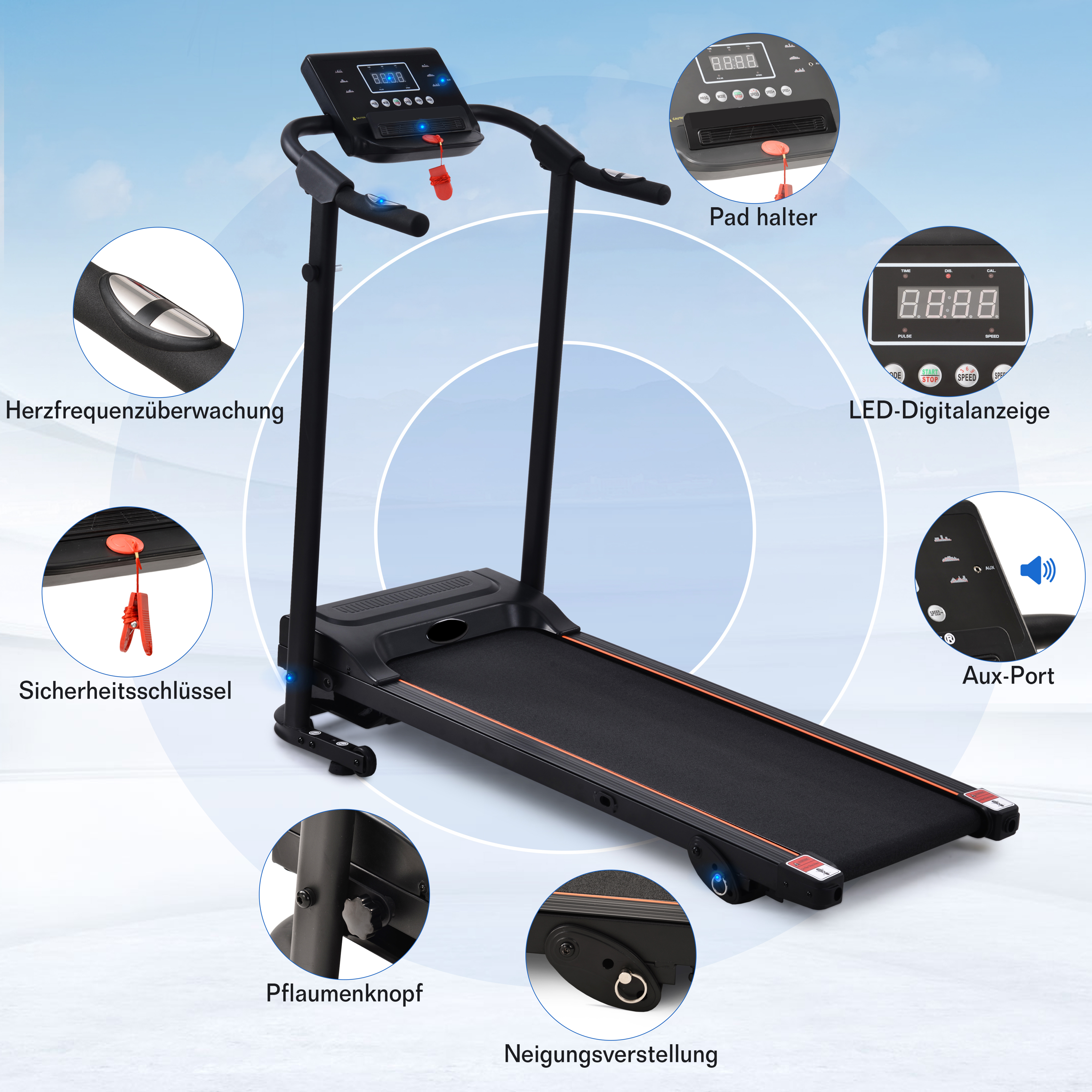 Laufbandmaschine mit beschrifteten Teilen. Die Maschine ist schwarz mit orangefarbenen Akzenten.