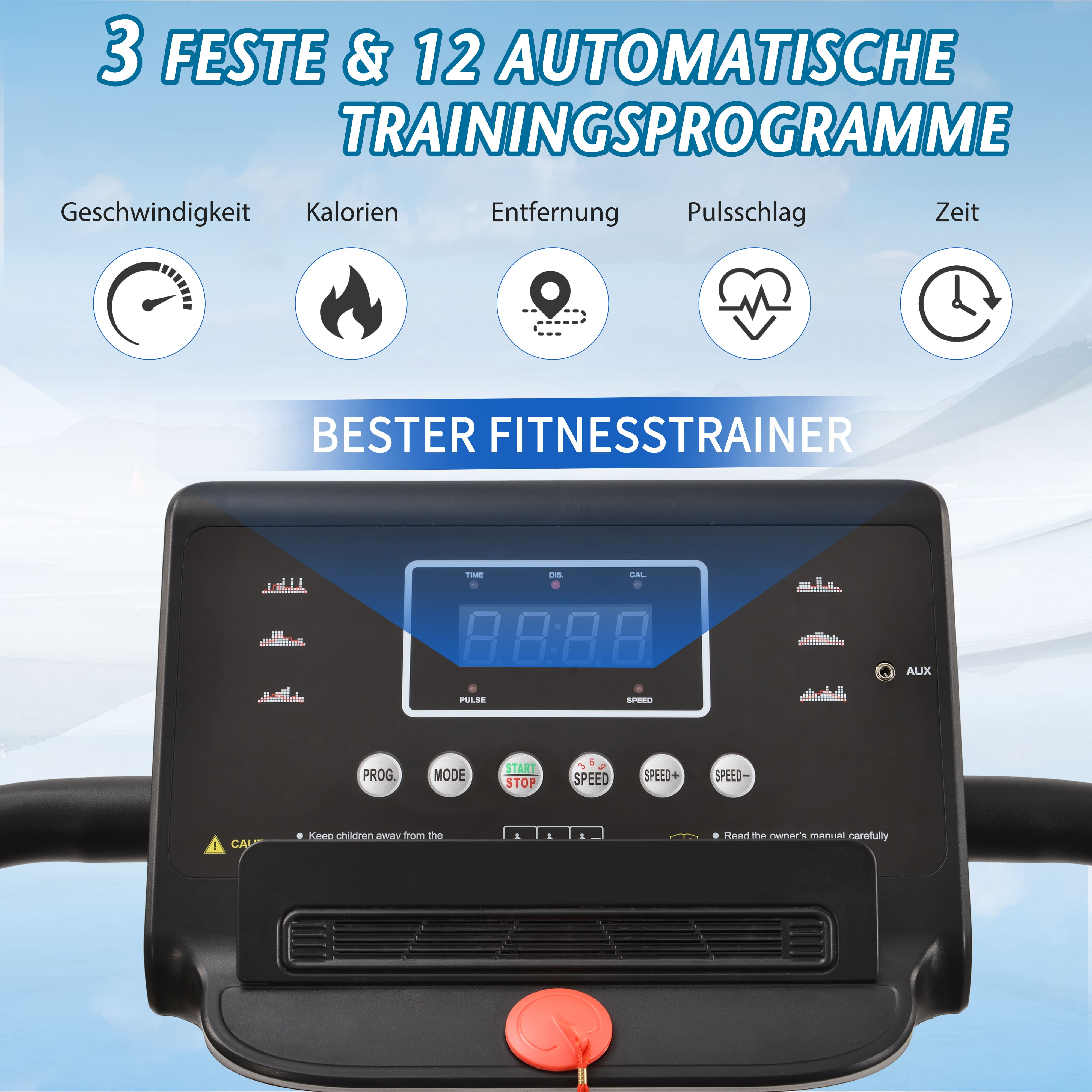 Fitness-Tracker mit Display, das Zeit und andere Metriken zeigt, mit Symbolen und Knöpfen.