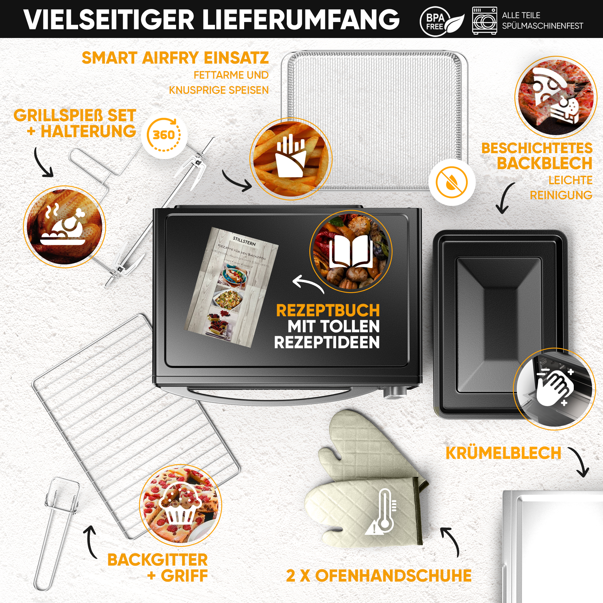 Eine Heißluftfritteuse mit Zubehör. Ein Rezeptbuch, ein Grillset, Backblech und Ofenhandschuhe sind vorhanden.