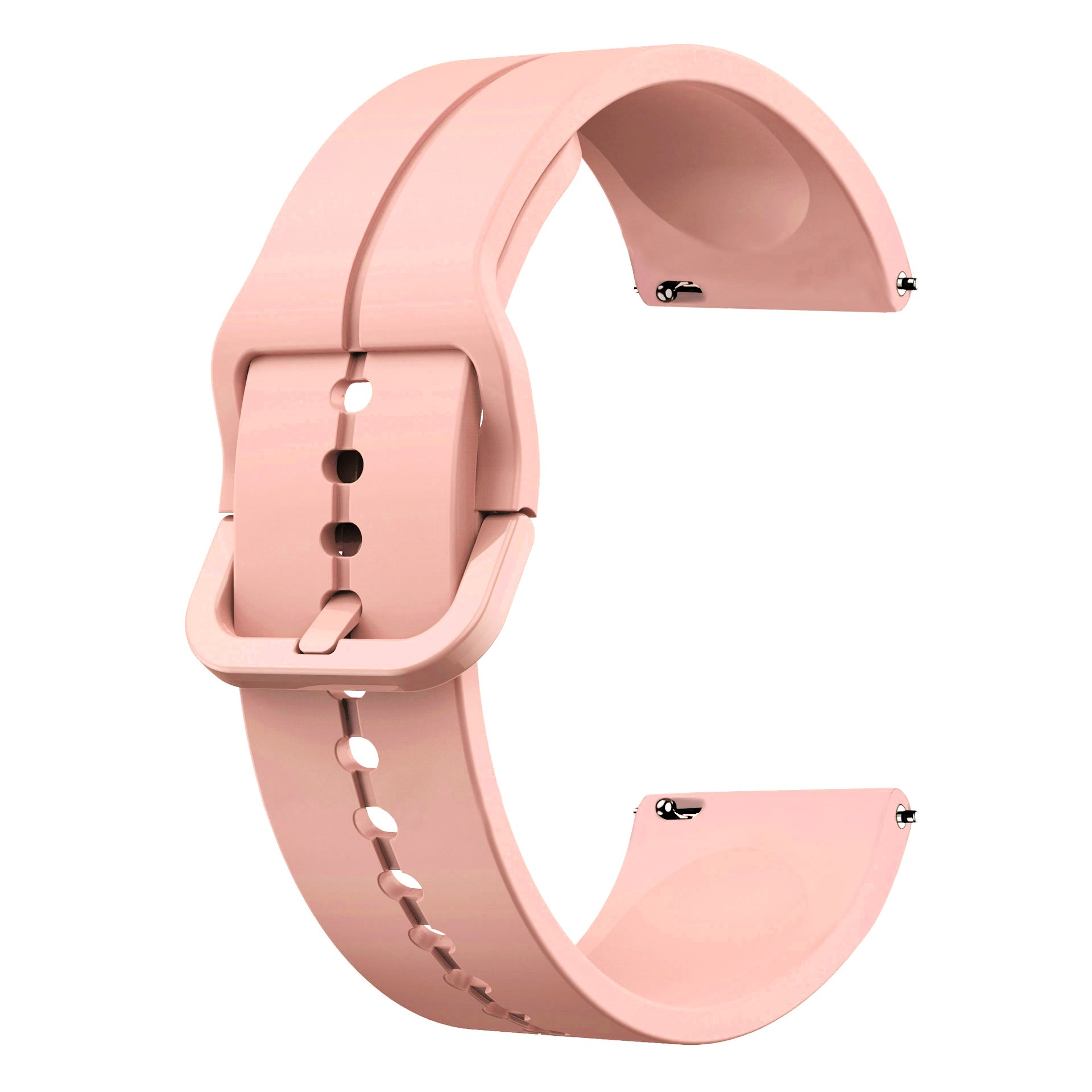 Rosa Uhrenarmband mit Schnalle und Löchern zur Anpassung. Weißer Hintergrund.