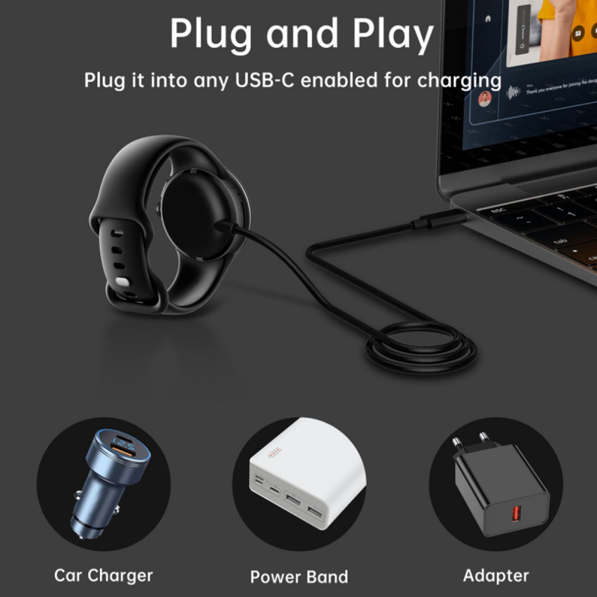 Schwarze Smartwatch, verbunden mit Laptop via USB-C. Auto-Ladegerät, Powerbank und Adapter sind ebenfalls gezeigt.