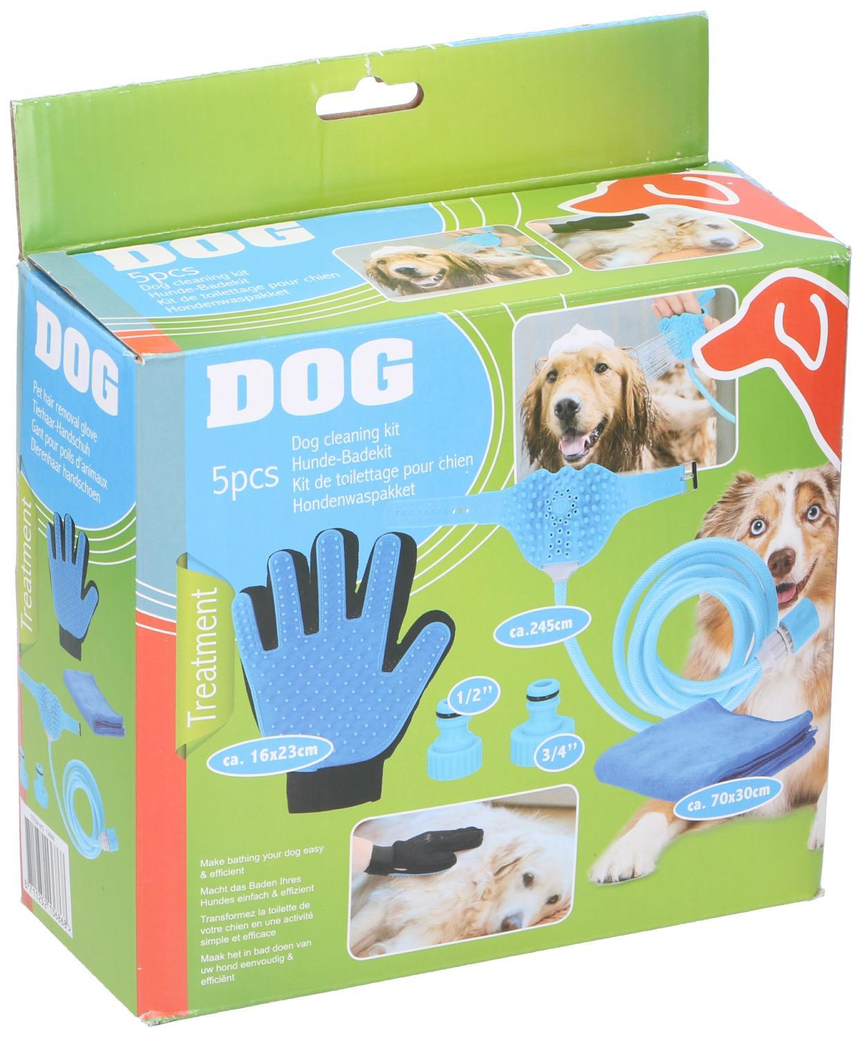 Hunde-Reinigungs-Set-Box. Enthält einen Handschuh, Duschkopf, Schlauch und andere Tierpflegeartikel.