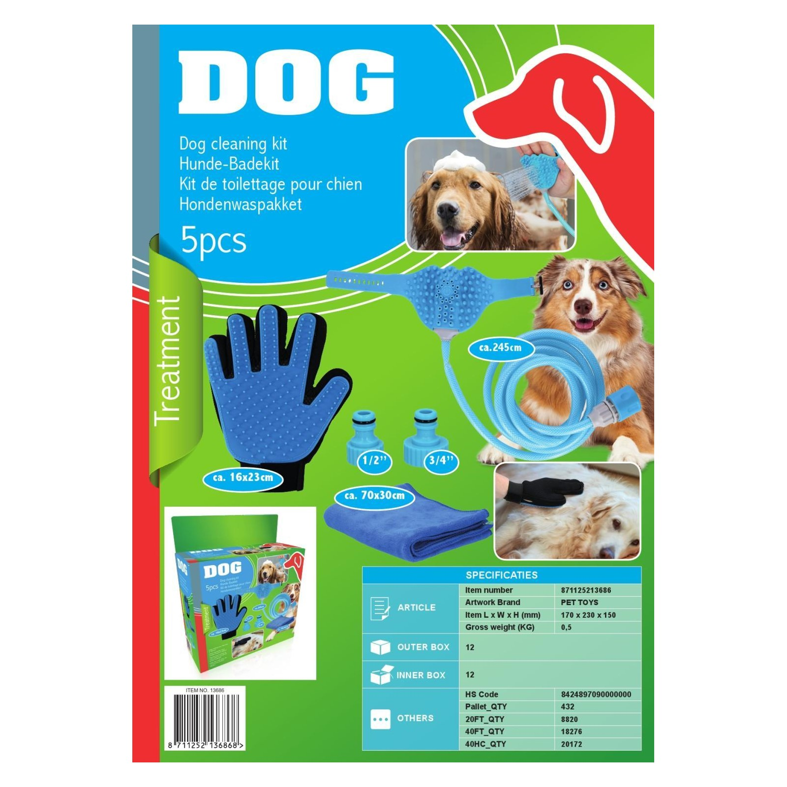 Hunde-Reinigungsset, blauer Handschuh, Wasserschlauch, Bürste und ein Hundebild auf der Box.