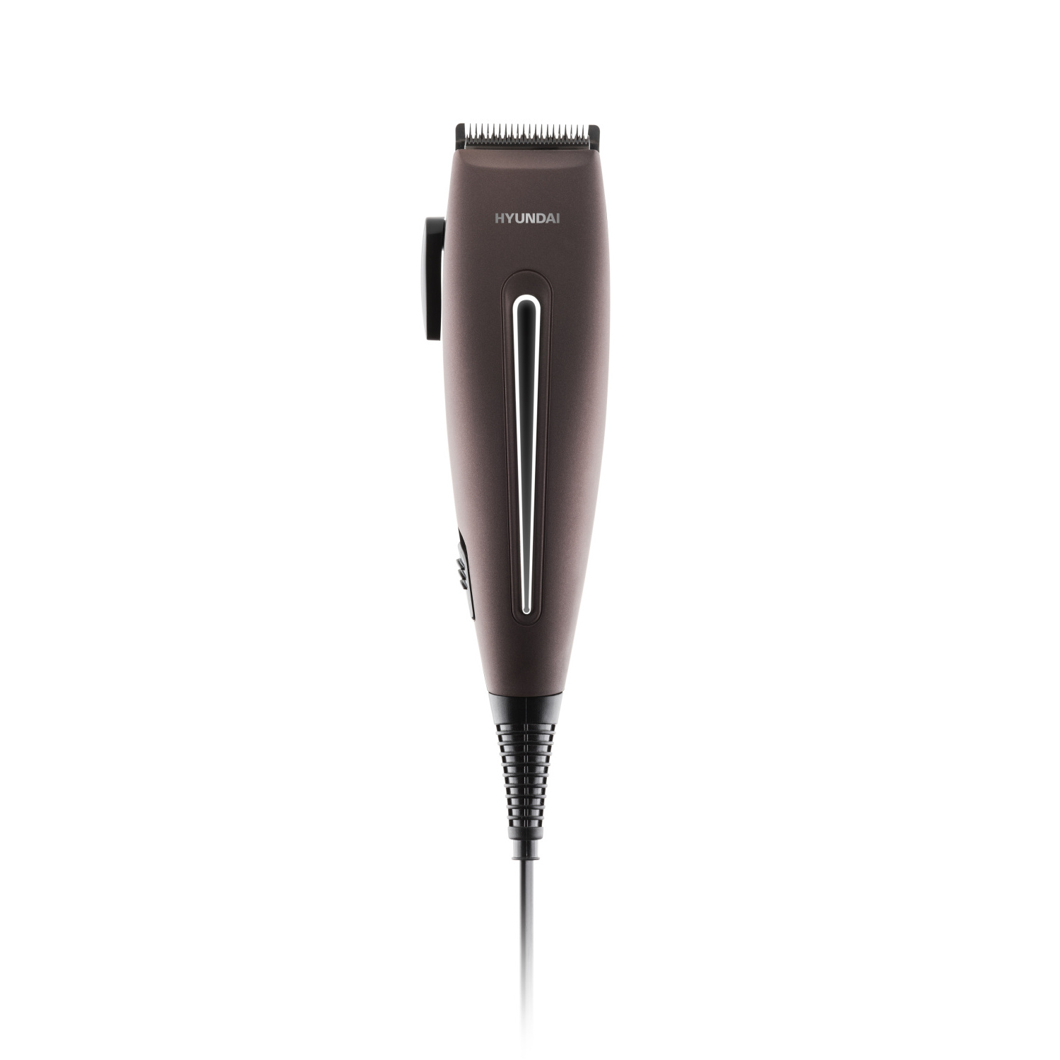 Ein brauner Haarschneider, mit Kabel, auf weißem Hintergrund.