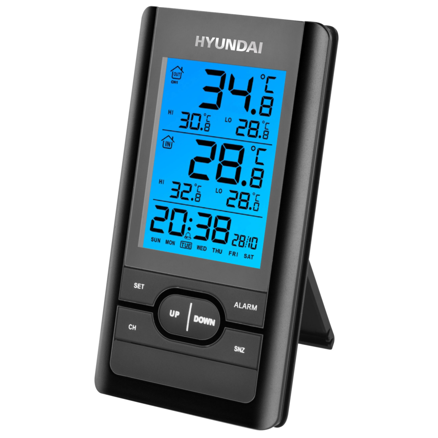 Schwarzes digitales Thermometer zeigt Temperatur und Uhrzeit an. Tasten: SET, UP, DOWN, ALARM und CH, mit Ständer.
