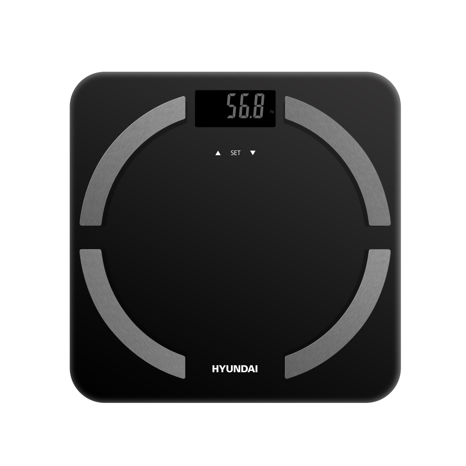 Schwarze Hyundai Smart-Waage mit digitaler Anzeige, die das Gewicht als 56,8 kg anzeigt. Silberne Zierleiste.