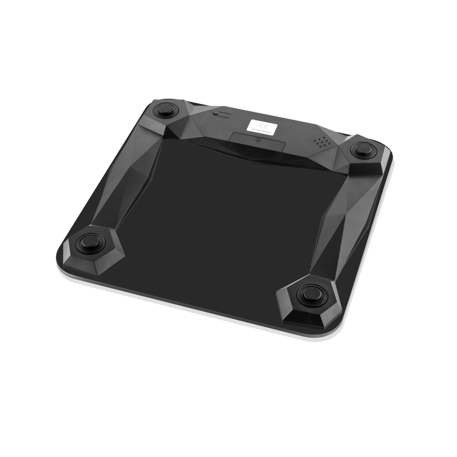 Eine schwarze quadratische Waage mit vier schwarzen Eckfüßen. Die Oberfläche ist schwarz und glänzend.