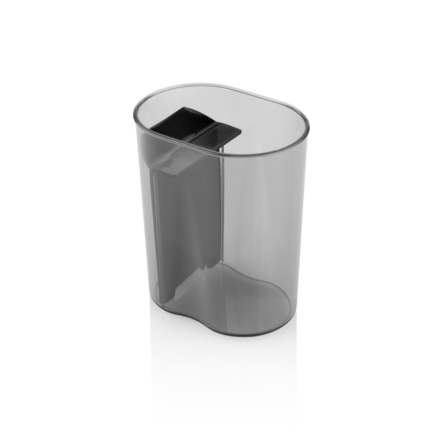 Un contenitore grigio traslucido. Ha una forma ovale solida con una sezione nera all'interno.