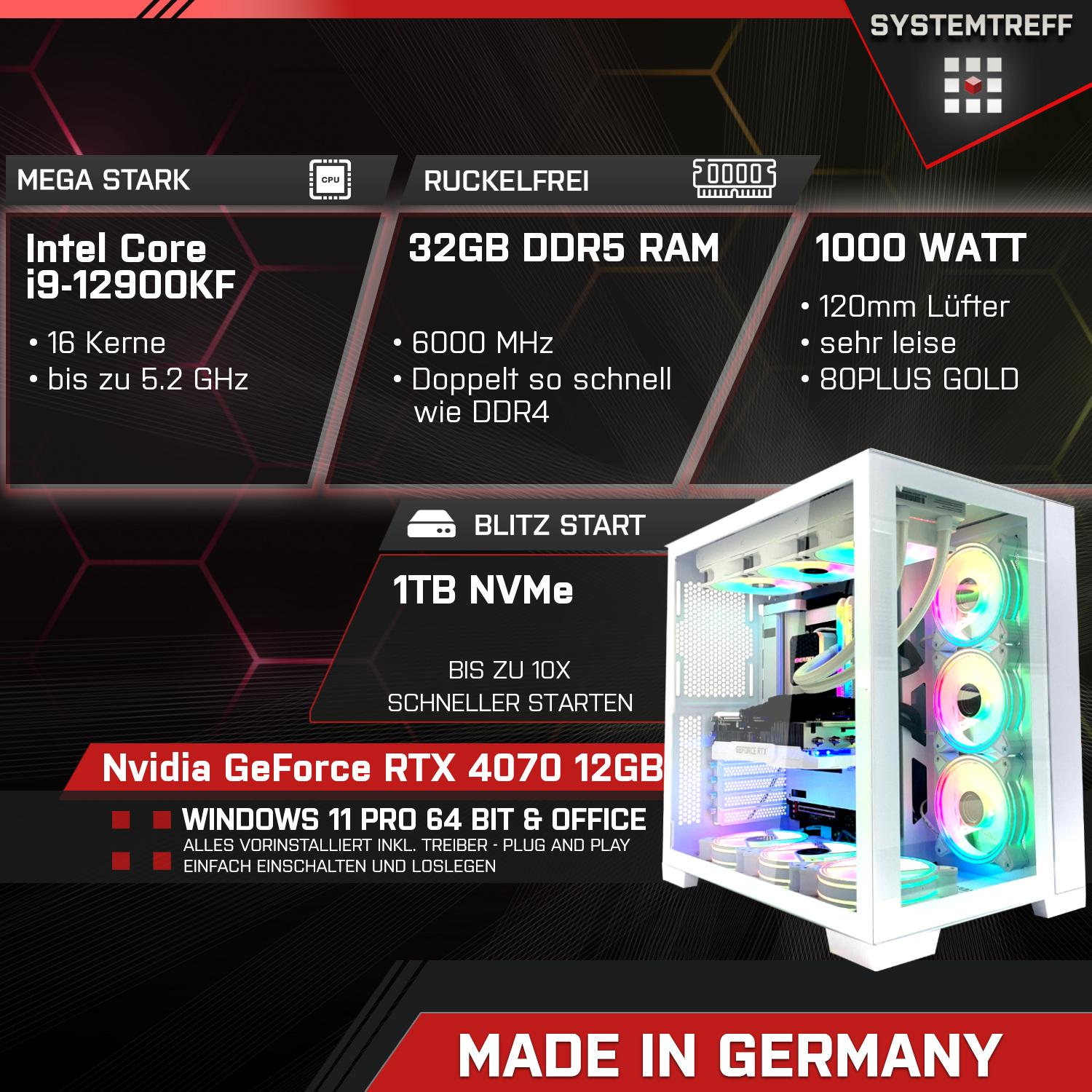 4070 GB Prozessor, GB 11 GeForce Core™ Windows 32 RTX™ High-End i9 1000 SYSTEMTREFF PC Intel® Intel RAM, Gaming i9-12900KF, Gaming Core mit NVIDIA mSSD, Pro,