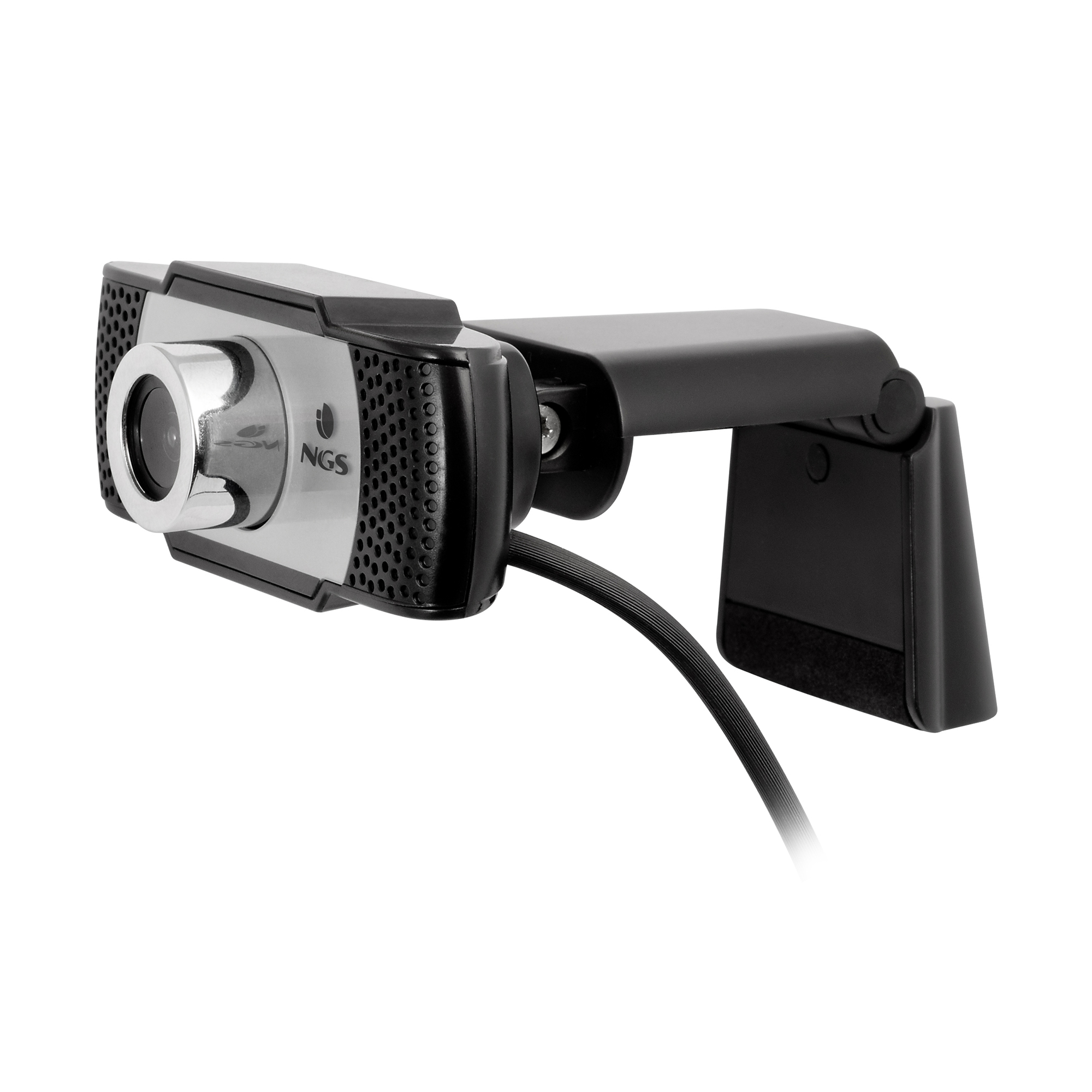 Webcam con design argento e nero, obiettivo a sinistra. Cavo nero si estende verso il basso.