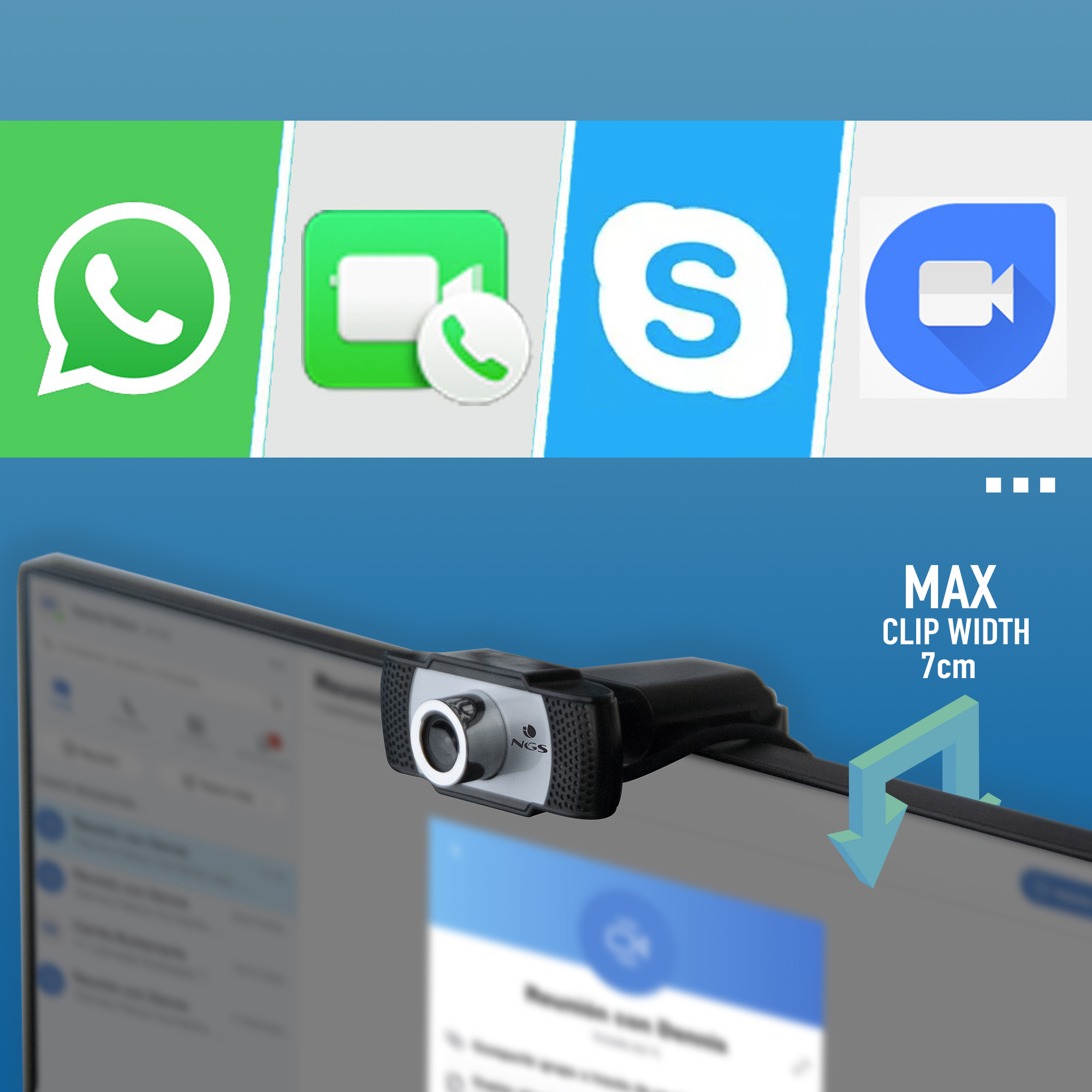 Una webcam montata su un monitor con diverse icone di app come WhatsApp, Skype e altre app.