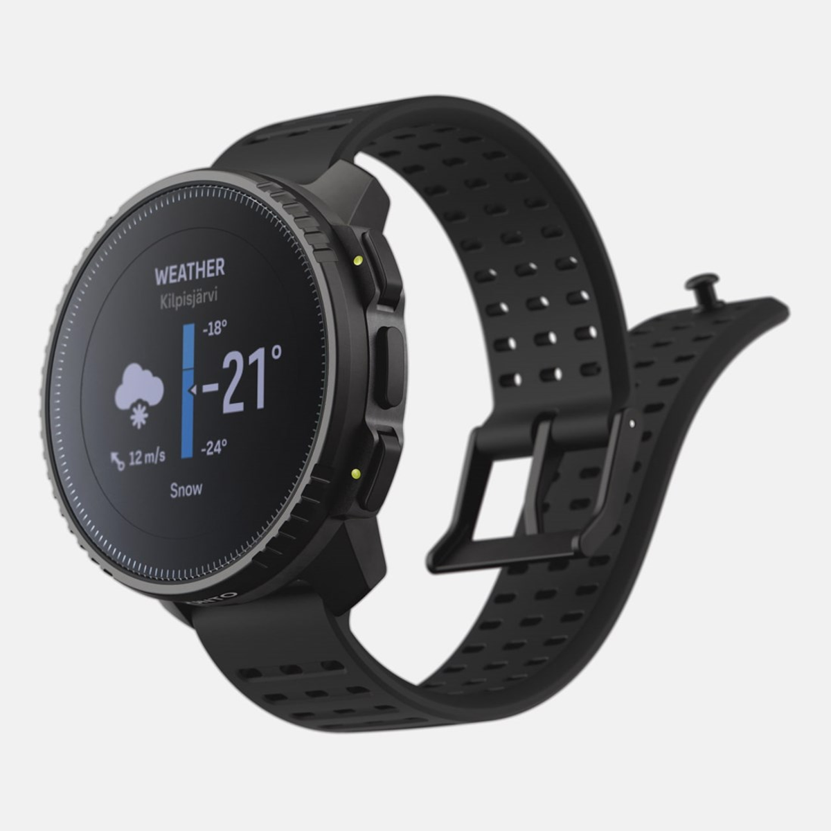 Czarny smartwatch wyświetlający informacje o pogodzie, czarny pasek i jasne tło.