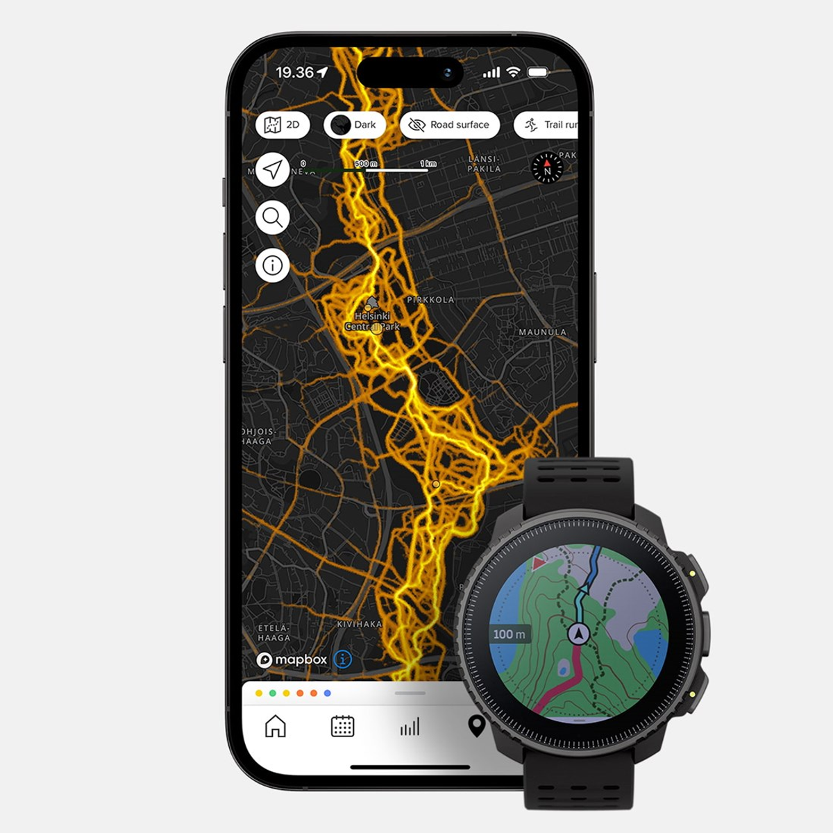 Smartfon i smartwatch pokazujące mapę z żółtą trasą biegu.
