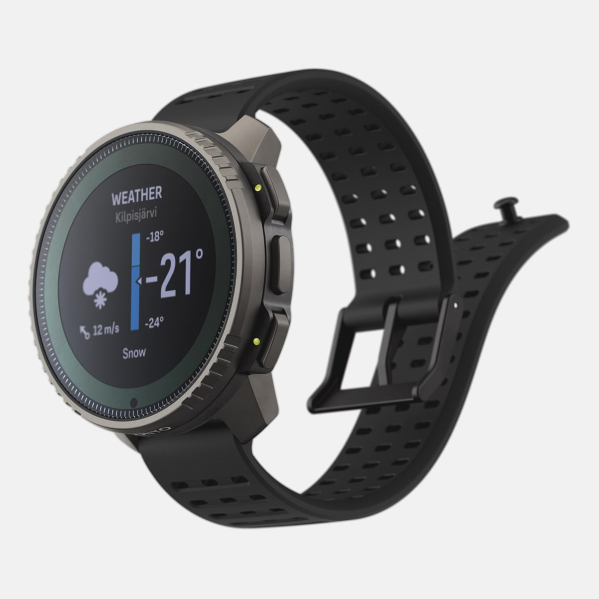 Czarny smartwatch wyświetlający informacje o pogodzie, z czarnym paskiem.