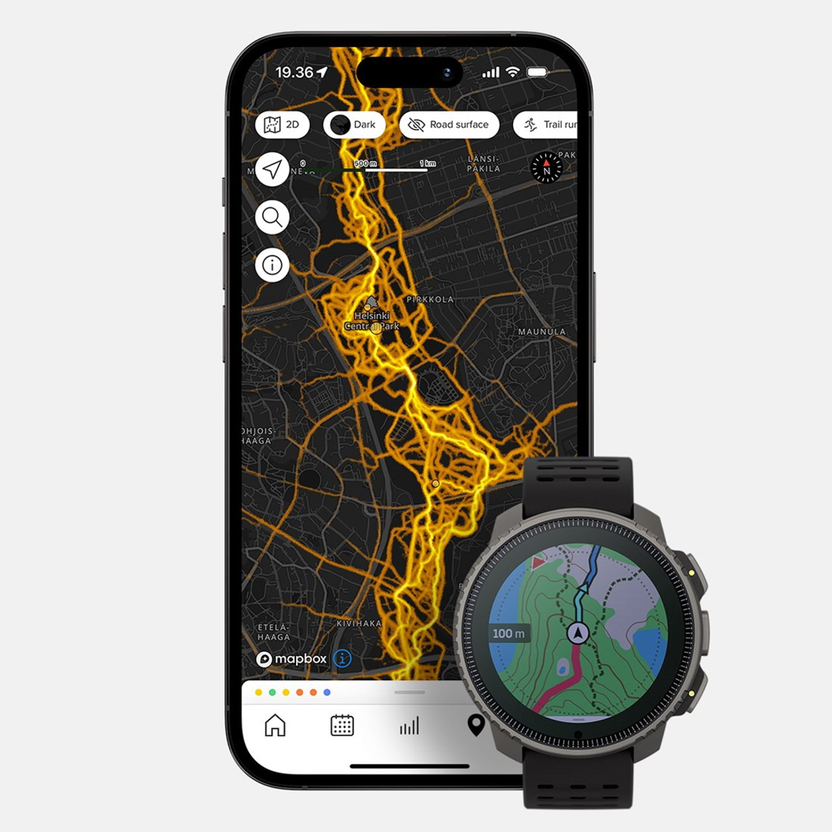 Smartwatch i telefon wyświetlający mapę z złotą nakładką trasy. Tło to mapa.