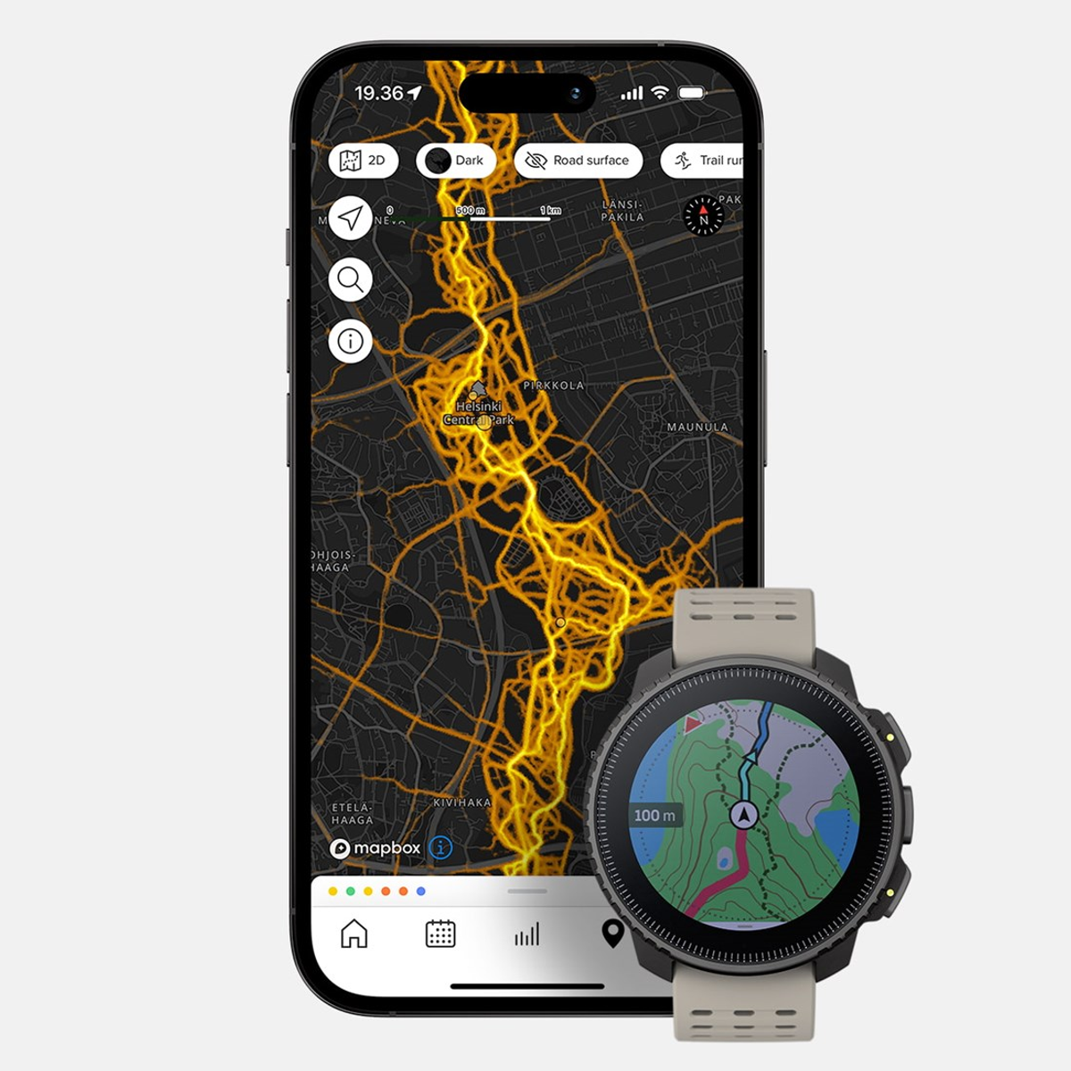 Smartfon z mapą i smartwatch z trasą, podkreślający bieg.