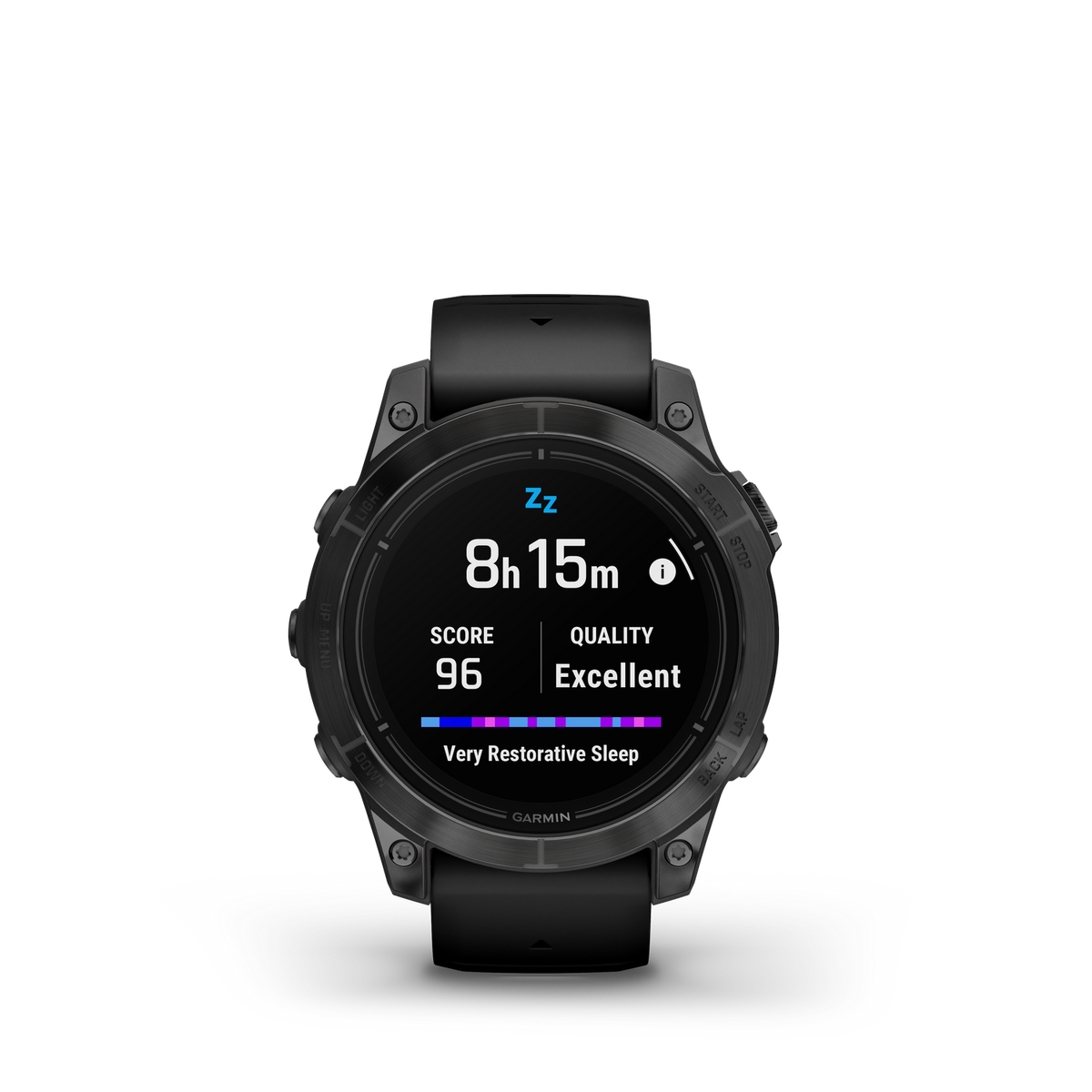 Schwarze Garmin Smartwatch zeigt Schlafdaten: Zeit, Wert, Qualität und sehr erholsamer Schlaf.