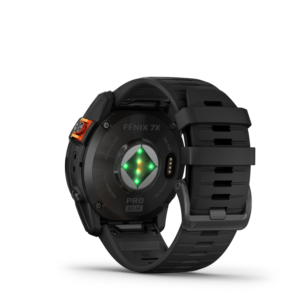 Zwarte smartwatch met zwarte band, achterpaneel met sensoren.
